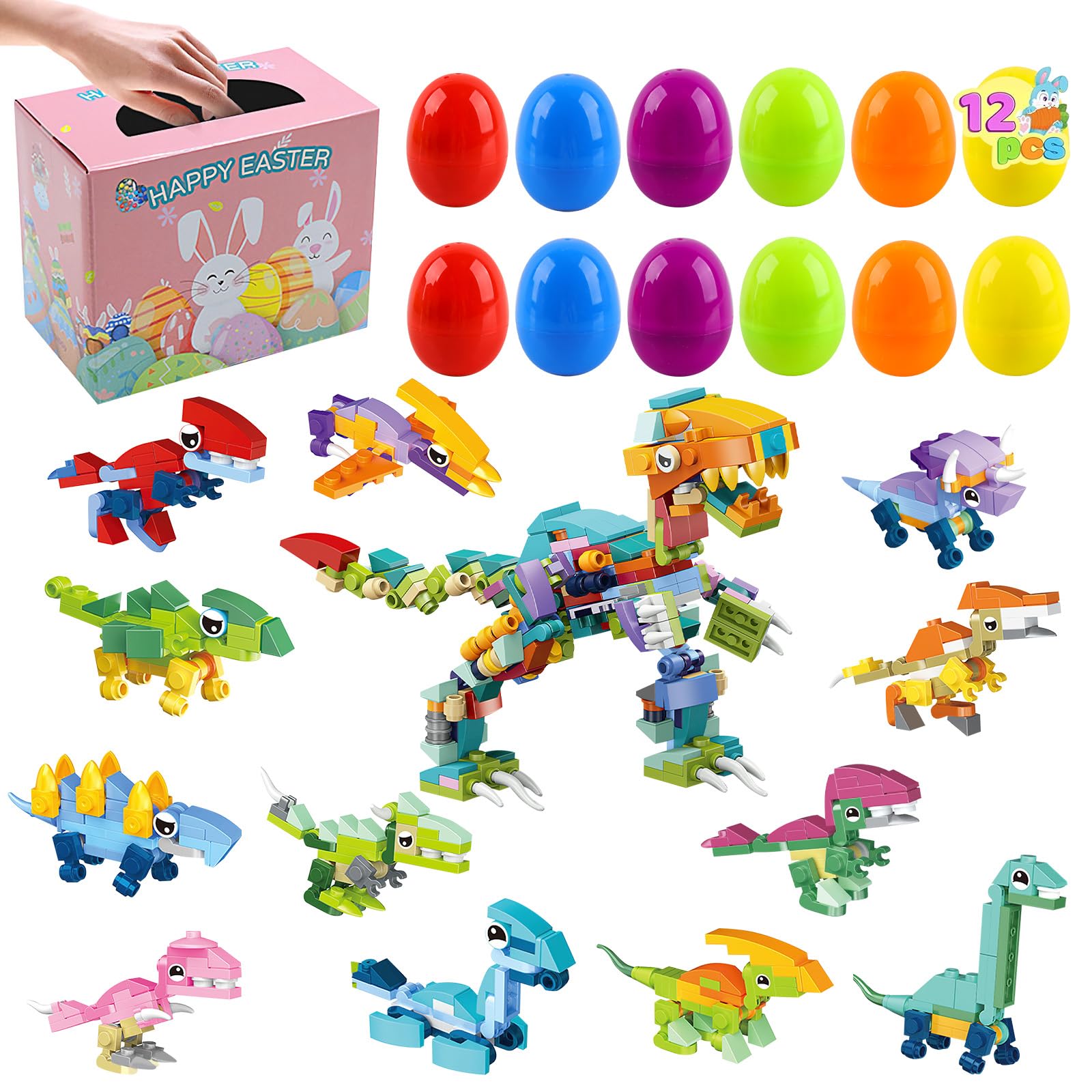dellyy Pisanki 12 szt. Jajka Niespodzianka, Plastikowe Pisanki Z Klockami Budowlanymi Samochodowymi, Na Wielkanocne Polowanie, Prezenty dla Dzieci I Imprezowe Pamiątki (dinozaury)