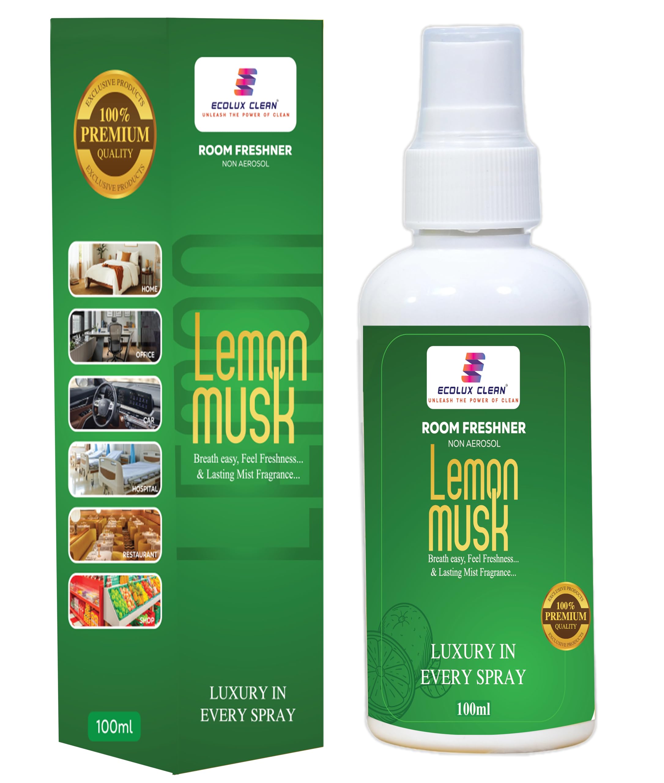 Air Freshener Spray | Lemon Musk | 100ml/3.38 fl oz | Pure Lemon & Musk Essential Oil | Best for Dining, Kitchen, Restaurant & Bar