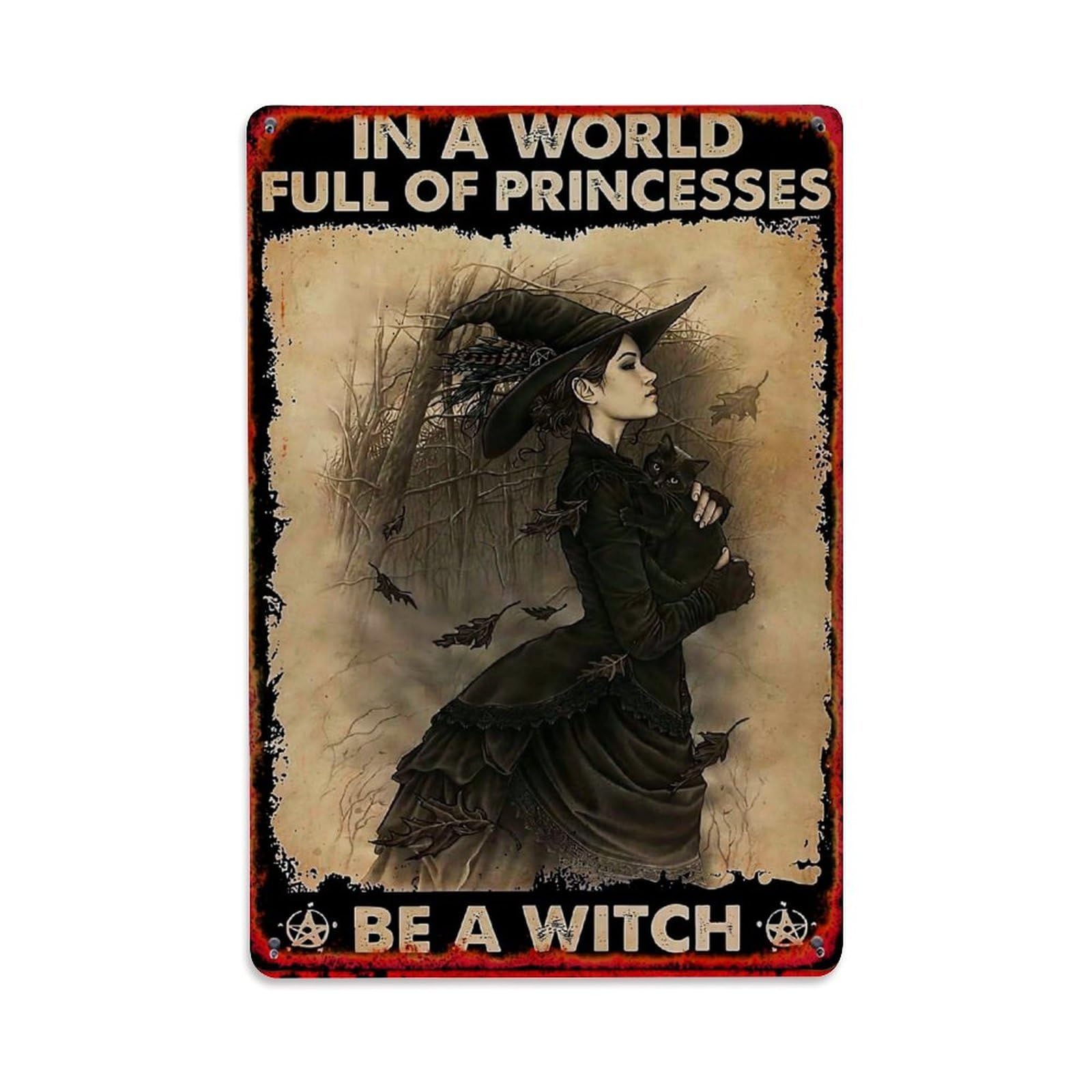 Witch Holding Black Cat Retro Metal Tin Sign, Vintage Metal Poster for home, Gaming Room, Studio Workshop,Bar,Garage Wall Art Decor 8x12 Inch