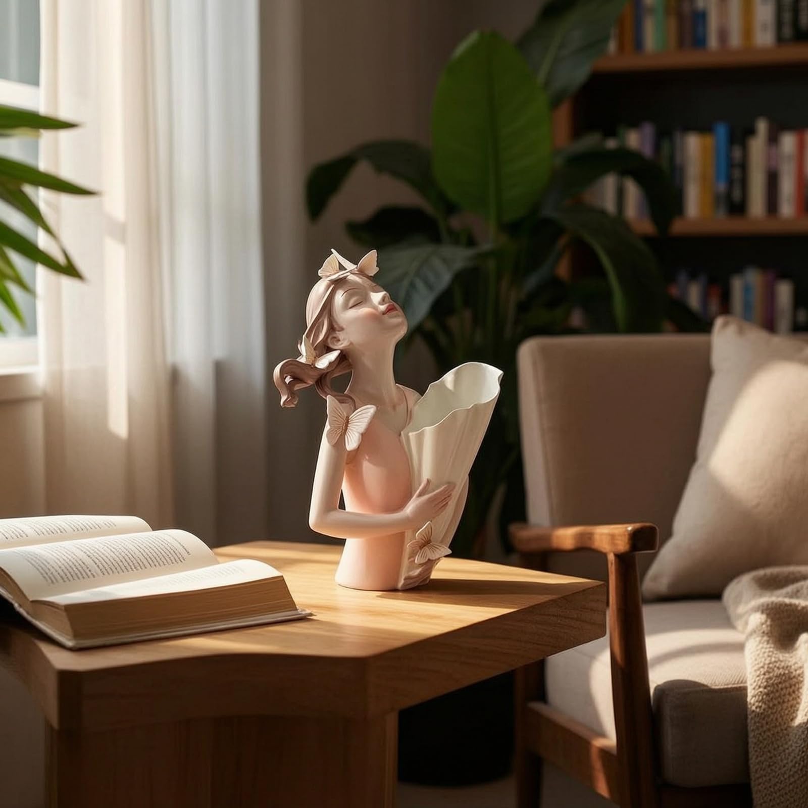 Dekorative Harzvase Mädchen Büste Blumenvase Schmetterling Figurine Handbemalt Kreative Wohndeko für Wohnzimmer Bücherregal Schreibtisch Geschenk, Grün
