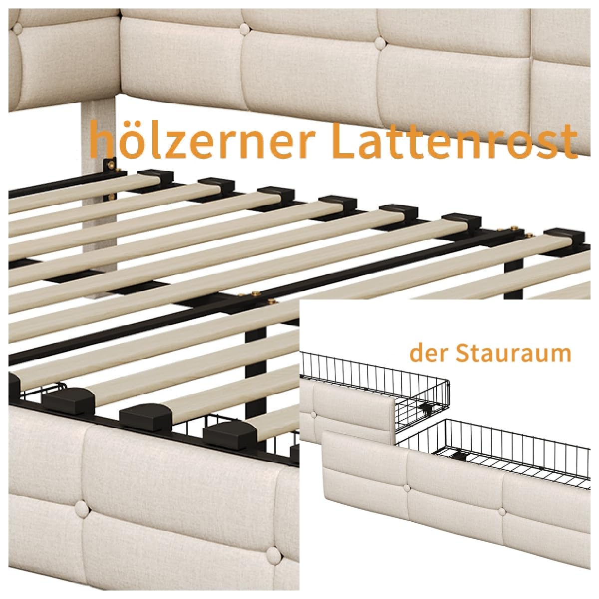 Letto angolare Divano Letto 140 x 200 con 2 cassetti, LED, presa USB, letto panca con testa reversibile e rete a doghe per soggiorno/studio/camera da letto, tessuto lino, senza materasso