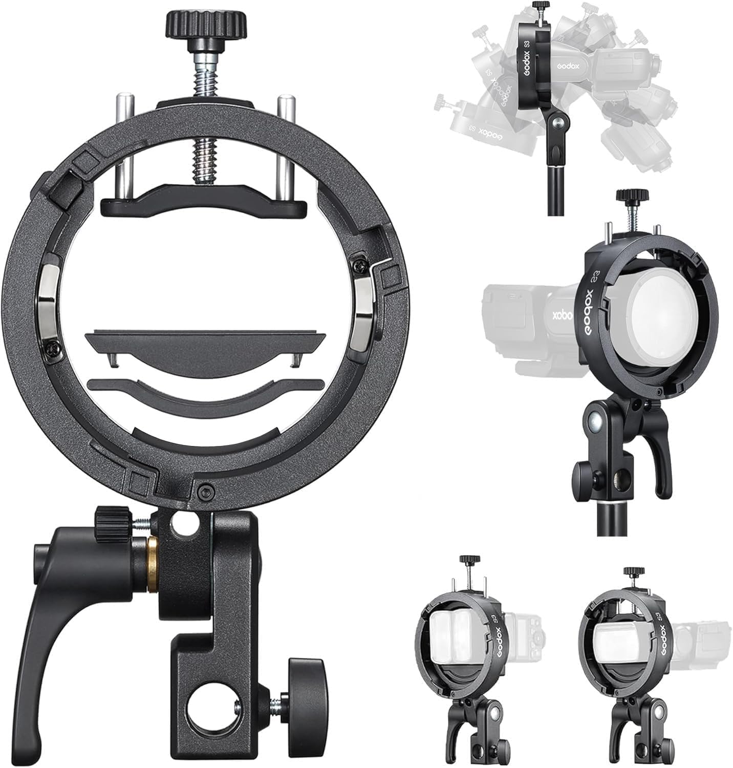 Godox S3 Speedlite Bracket (S2 Upgrade) for Bowens Mount Holder Softbox | Compact Lightweight Flash Bracket for Godox V1 V1Pro V100 AD100ProII AD200 Pro II AD300Pro TT685III, Umbrella Hole & Softbox