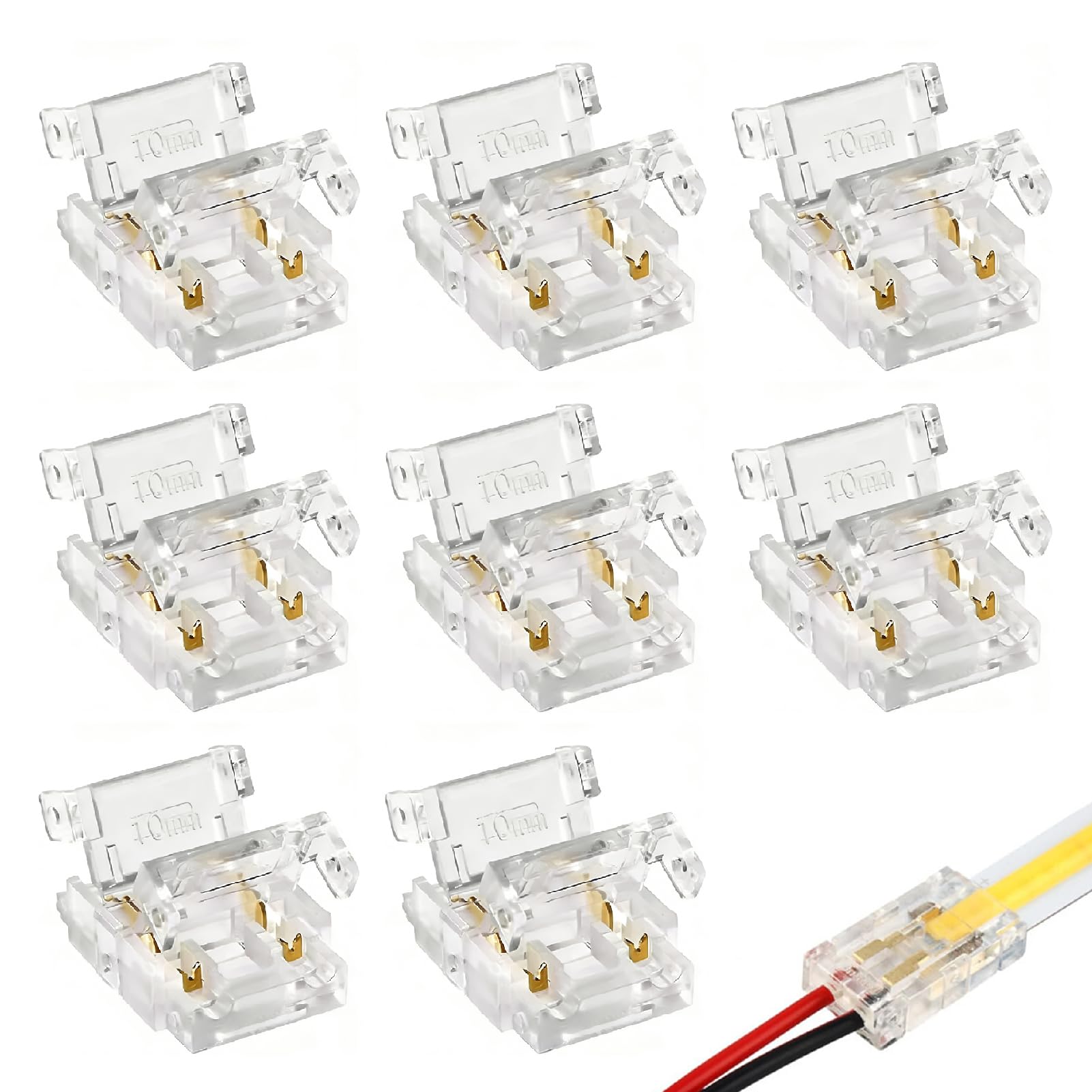 10 PCS 2 Pin 10mm LED Strip Connector, COB LED Strip Connector Light Solderless Gapless Connectors for 12V 24V Strips, Quick Strip-to-Wire, Strip-to-Strip Adapter, PVC and Copper, Easy Installation