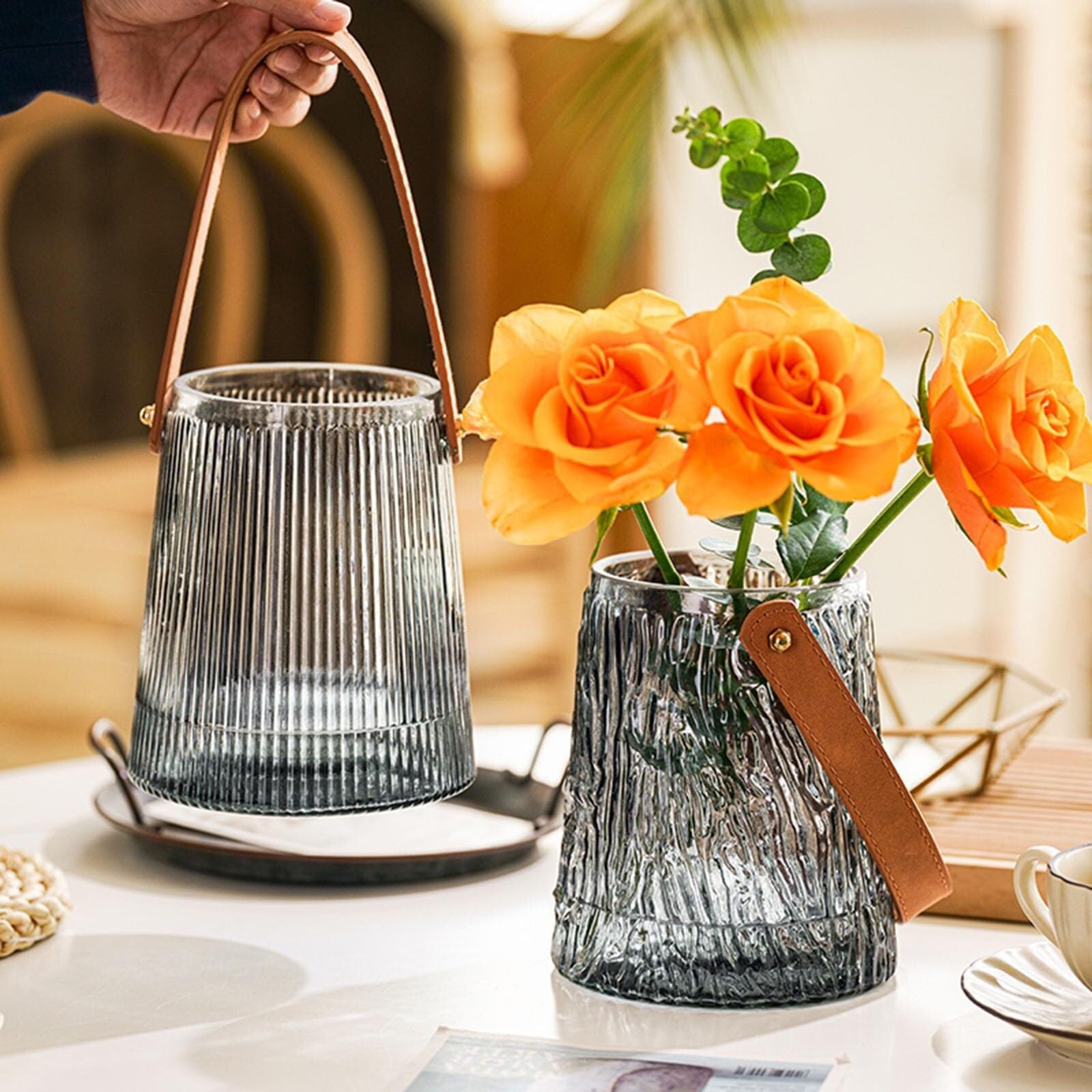 Vasi per fiori Vasi in vetro Vaso alla moda con manico Decorazione for soggiorno Centrotavola(Grey C,H 17.5CM)