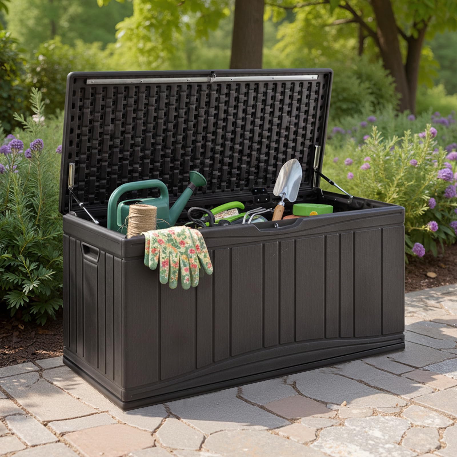 COSTWAY Baule da Esterno 300L Impermeabile in Resina, Cassapanca Contenitore da Esterno con Pistoni a Gas, Predisposizione per Serratura e 2 Maniglie Laterali, Resistente, 114 x 55 x 61 cm (Marrone) - 2