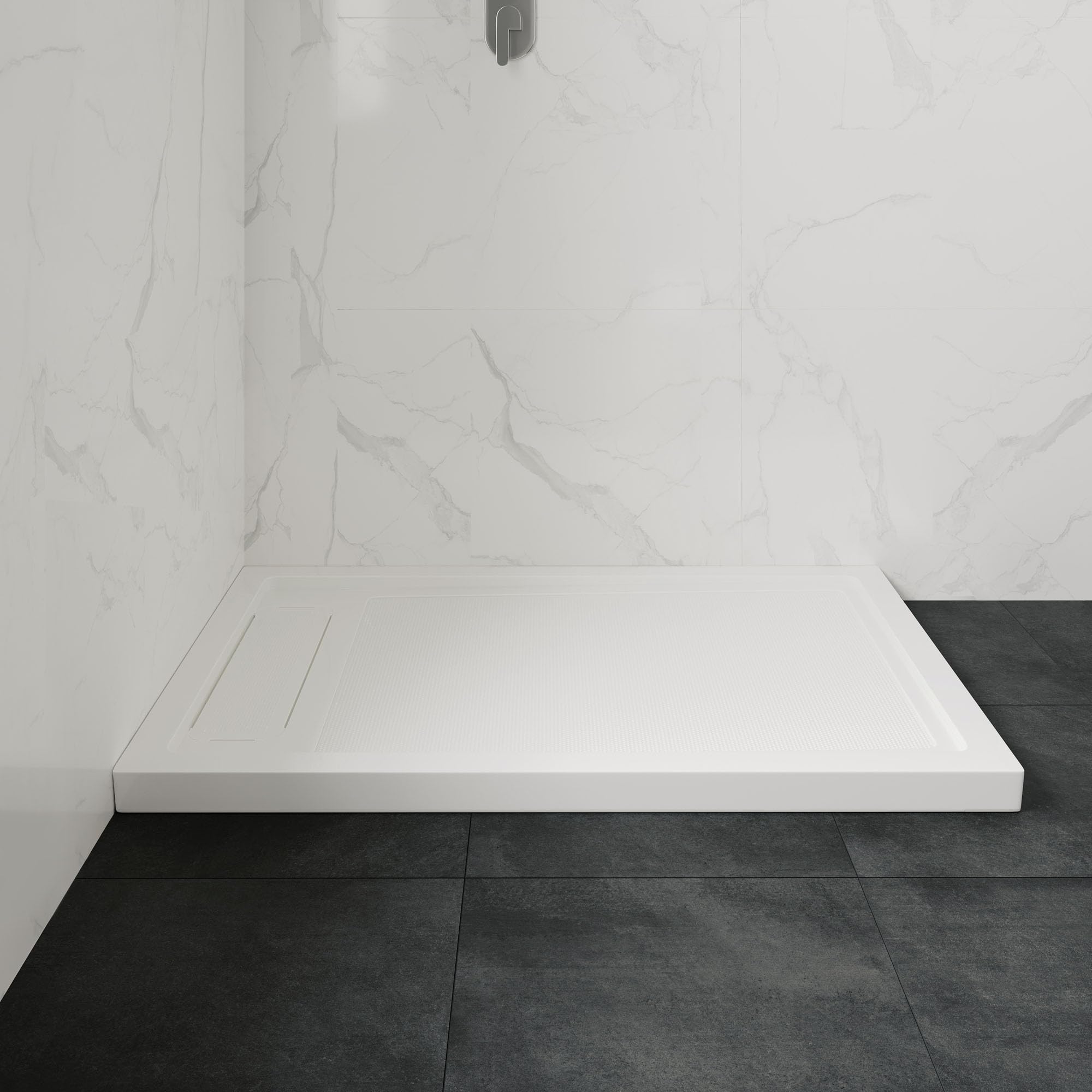 OVE Decors 54-in W x 32-in D Shower Base Pan Rectangle, Hidden Side Drain, White Acrylic, Reversible Design