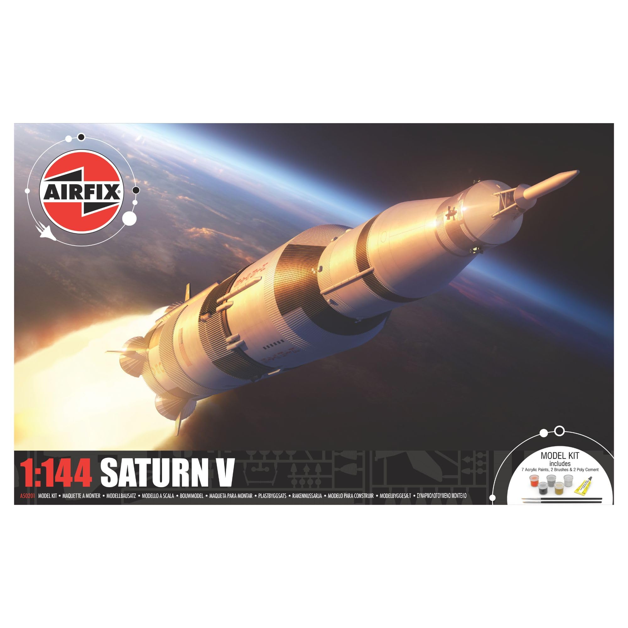 Airfix A50201 Saturn V Gift Set - Plastic Model Kits, Spacecraft Building Kits for Adults & Kids 8+, Includes: 1:144 Scale Model, Humbrol Acrylic Paints, Brushes & Poly Cement