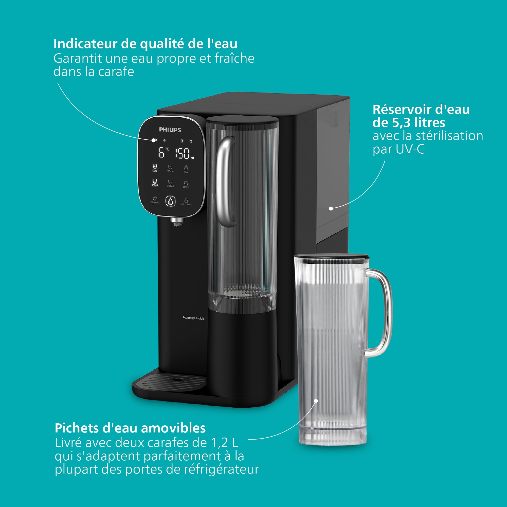 Philips Water Distributeur d’Eau à Osmose Inverse 6500: Eau Chaude/Froide filtrée en Secondes, RO 6-en-1 préservant Les minéraux, >110 contaminants réduits, Ratio 3:1, UV-C, sans Installation, 2000 L