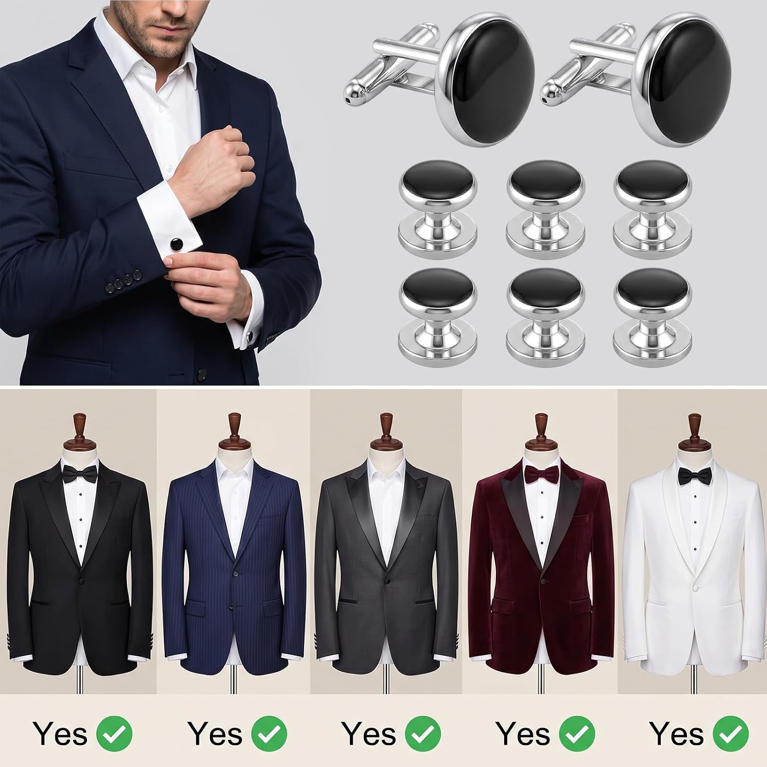 8pcs Tuxedo Studs And Cufflinks Set Men's Black Tuxedo Shirt Studs