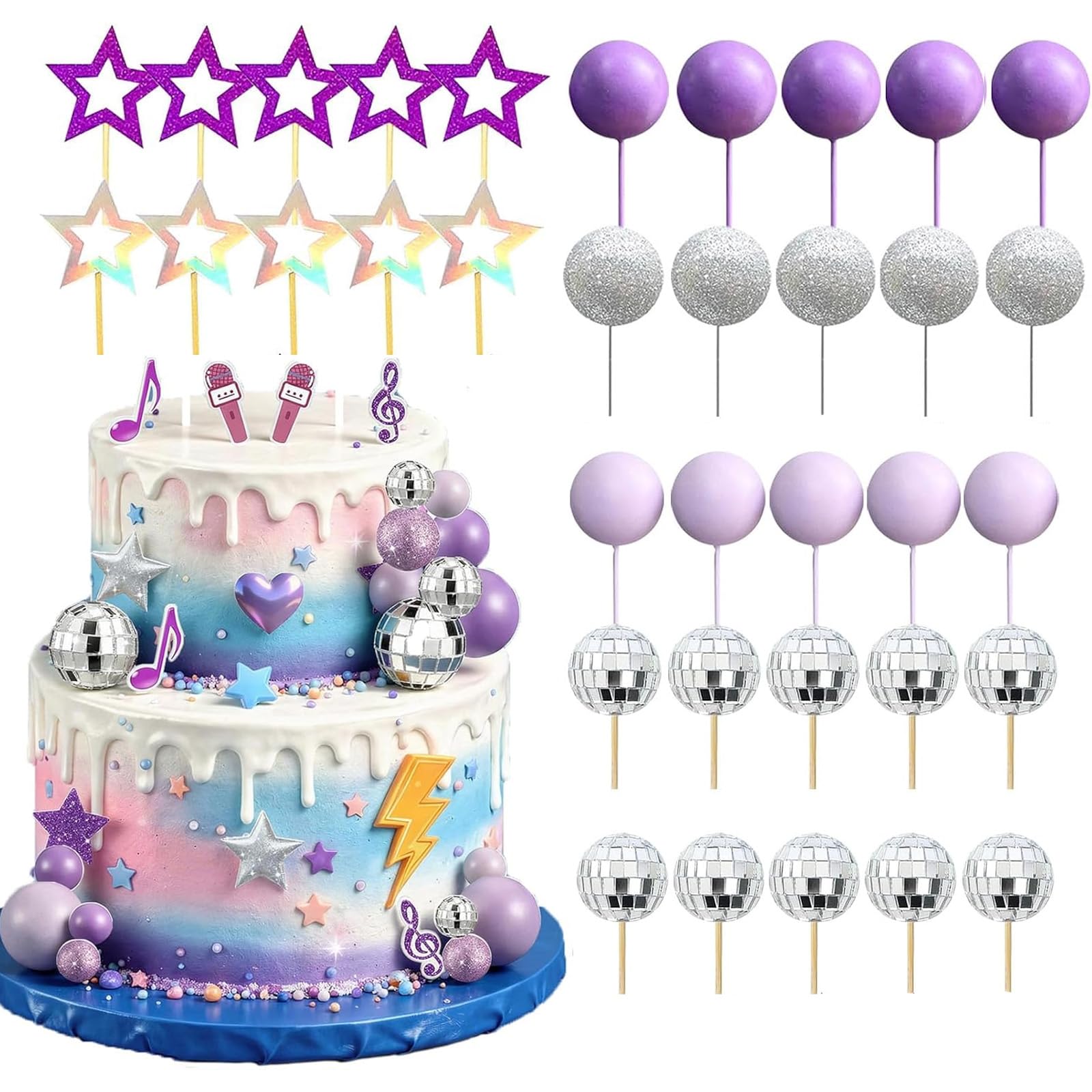 35Pcs Purple Disco Ball Cake Topper Music Singer Birthday Party Decor