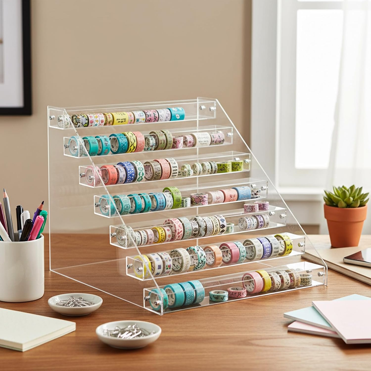 2 Pack Christmas 7 Tier Washi Tape Organizer, Clear Plastic Washi Tape Storage Rack, Assembly Storage Holder Dispenser Desk Accessories Display Caddy for Art Craft Supplies