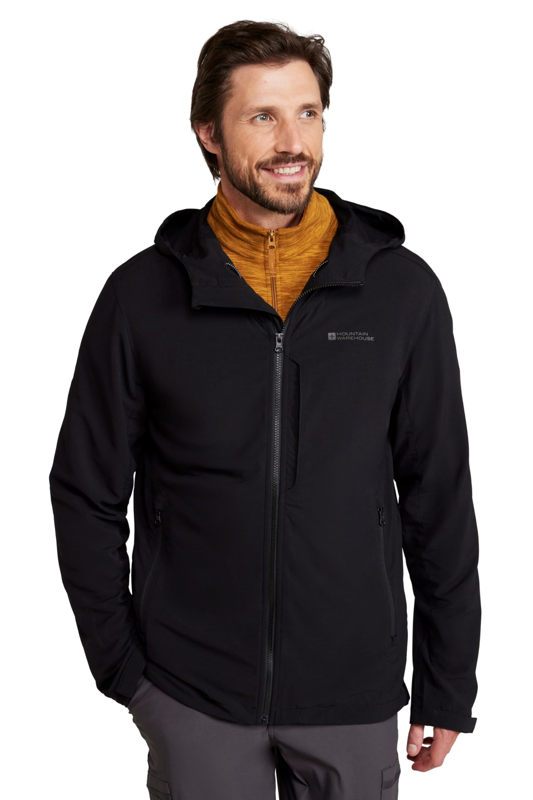 Mountain Warehouse Retreat Men’s Packable Softshell Jacket – Lightweight & Breathable Water-Resistant Coat with Compact Storage – Spring, Summer & Outdoors Black M