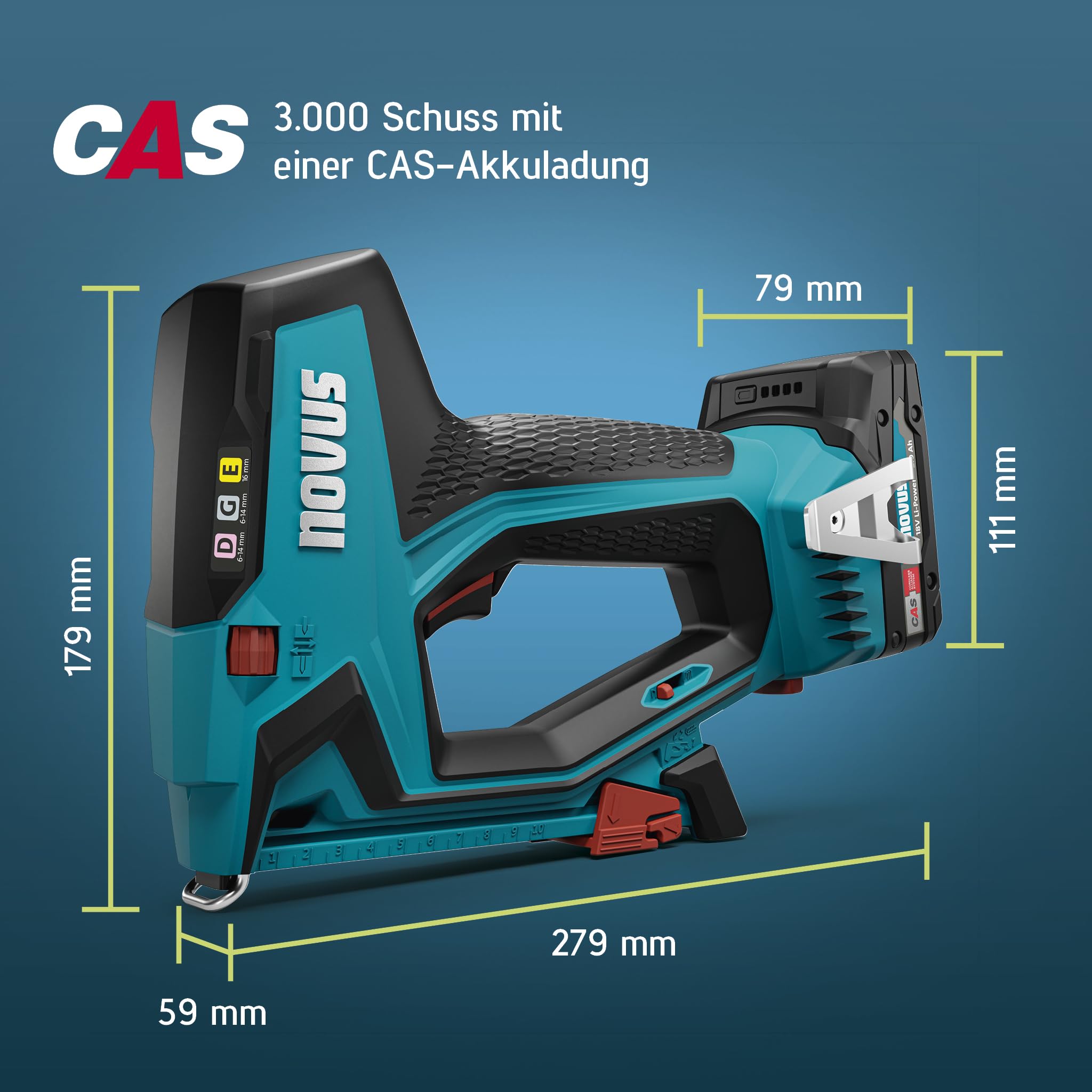 NOVUS TOOLS Set di pinzatrici a batteria J-551 con 9.800 graffette, per morsetti a filo piatto da 6 a 14 mm e chiodi da 16 mm, compatibile con batteria agli ioni di litio CAS da 18 V, senza batteria e