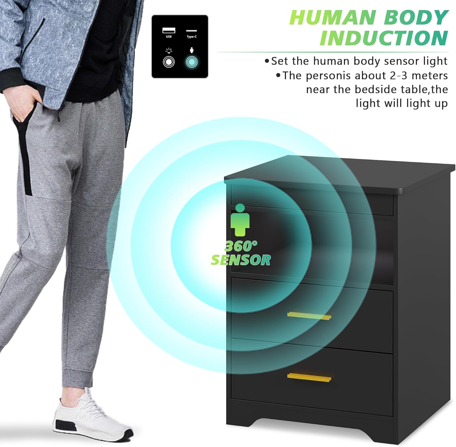 LED Night Stand with Lockable Gun Drawer,Smart Nightstand with Charging Station,Bedside Table with 3-Color Human Sensor Light via Touch Screen,End Table with USB&Type-C Ports,2 Drawers,Black