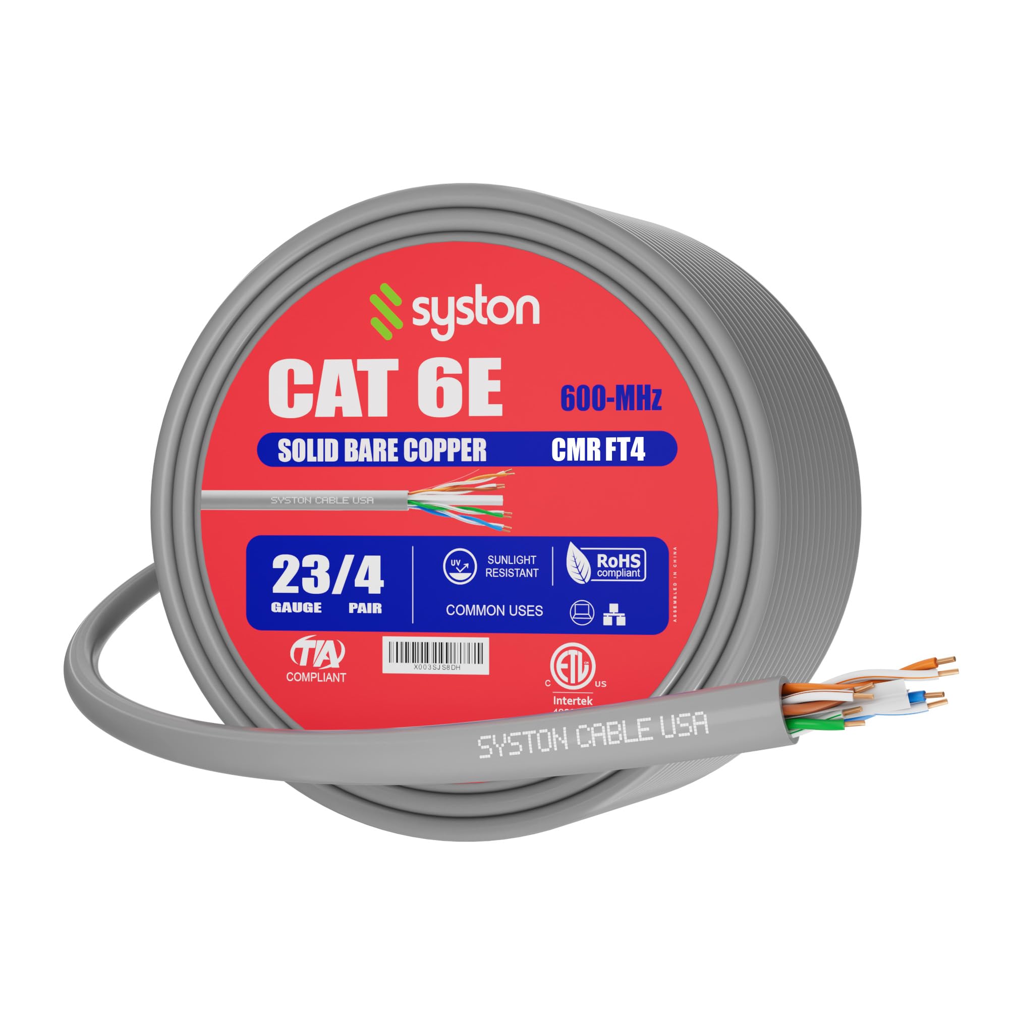 Syston Cable Technology Cat6e Ethernet Internet Cable - 50 FT，600MHz 23AWG Solid Bare Copper Wire Outdoor/Indoor Suit, No Ends 10 Ft to 1000 Ft