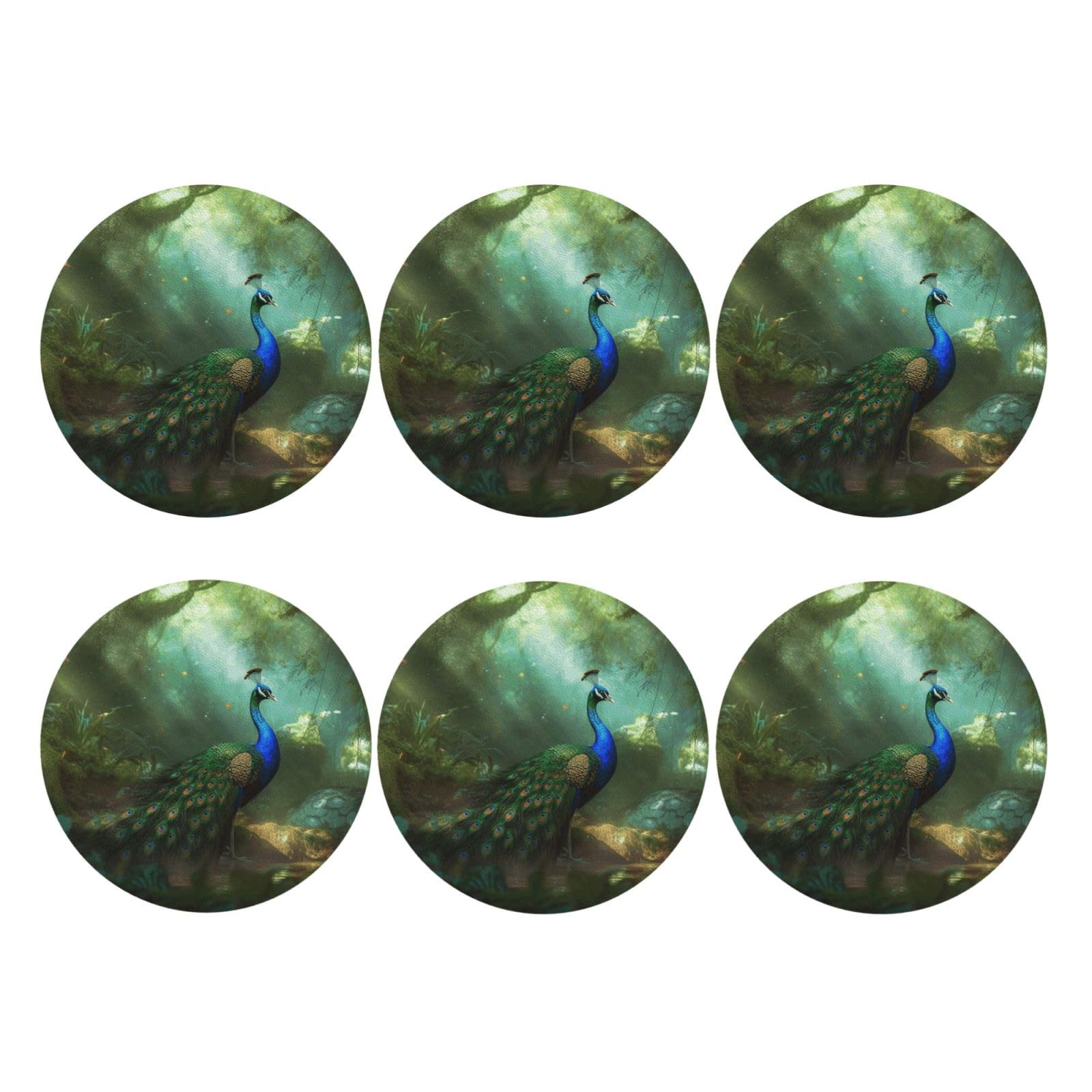 6pcs Leather Coasters for Drinks, Peacock Drink Coasters for Tabletop Protection, 4" Cup Coasters for Coffee Table Decor, Non-Slip Drinking Cup Mat for Hot Or Cold Drink