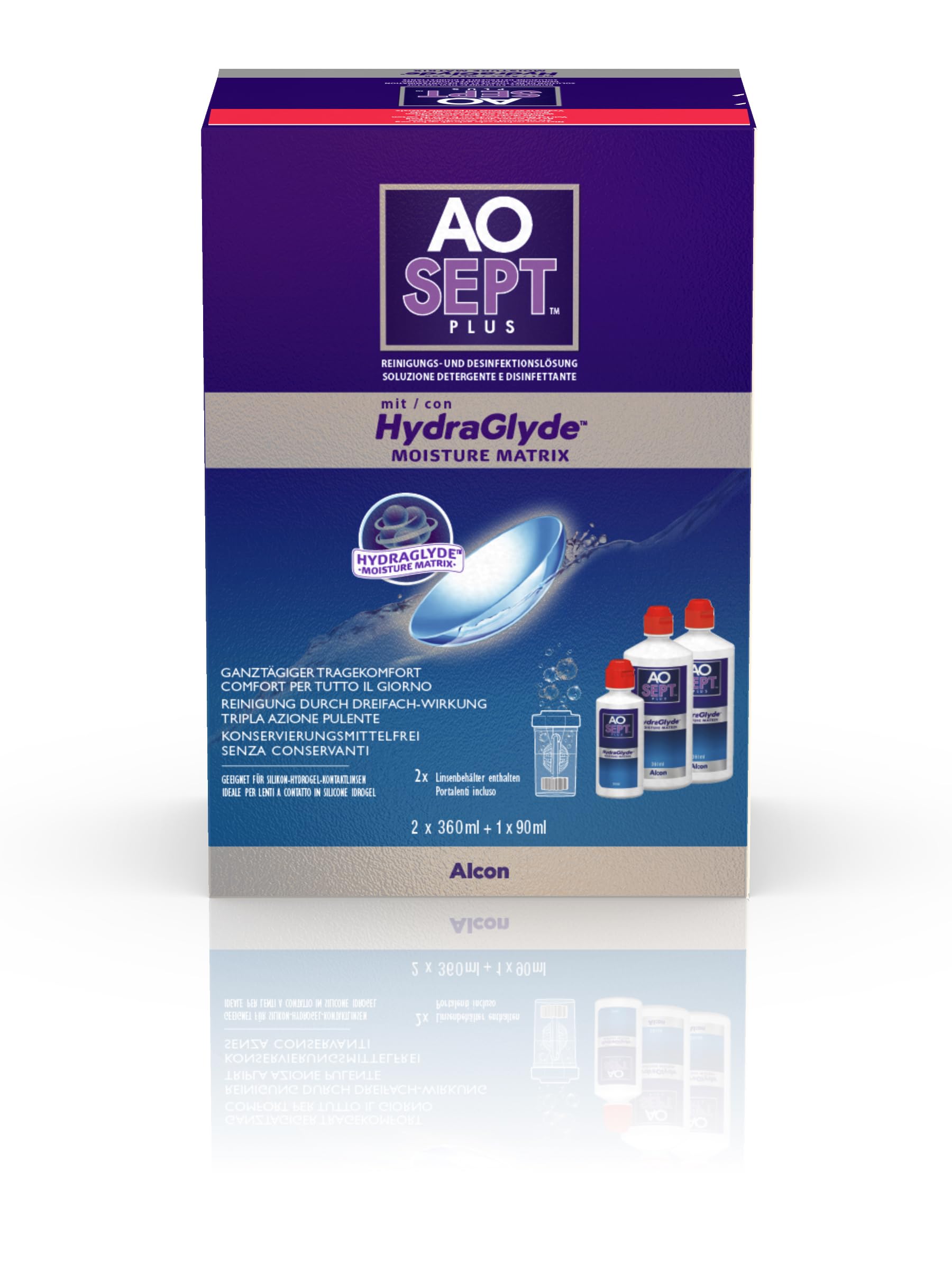 Aosept Plus con Hydraglyde Soluzione per Lenti a Contatto | Confezione di Stoccaggio | 2 x 360 ml + 1 x 90 ml