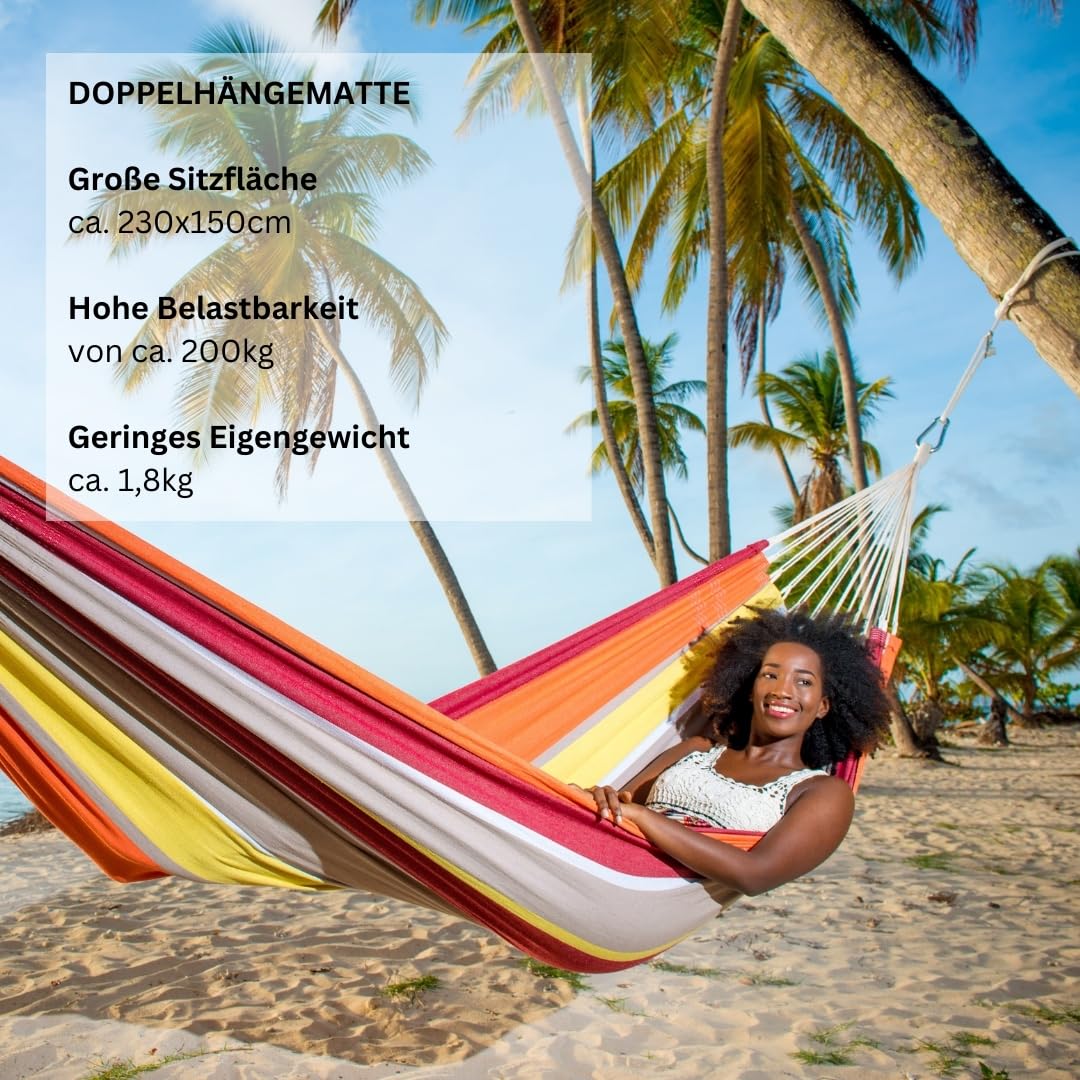 AMAZONAS Barbados - Klassische brasilianische XL Hängematte für 2 Personen | Handgefertigt, aus recycelten Materialien | Liegefläche 230x150cm | Belastbar bis 200 kg