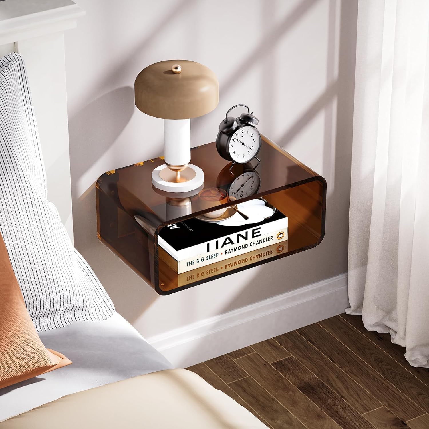 Acrylic Floating Shelves for Wall, Transparent Nightstand Wall-Mounted BedsideTable, Space-Saving Clear Acrylic Shelf for Figures, Home Décor, Plants (16.1''x 9.4''x 6.7'', Brown)