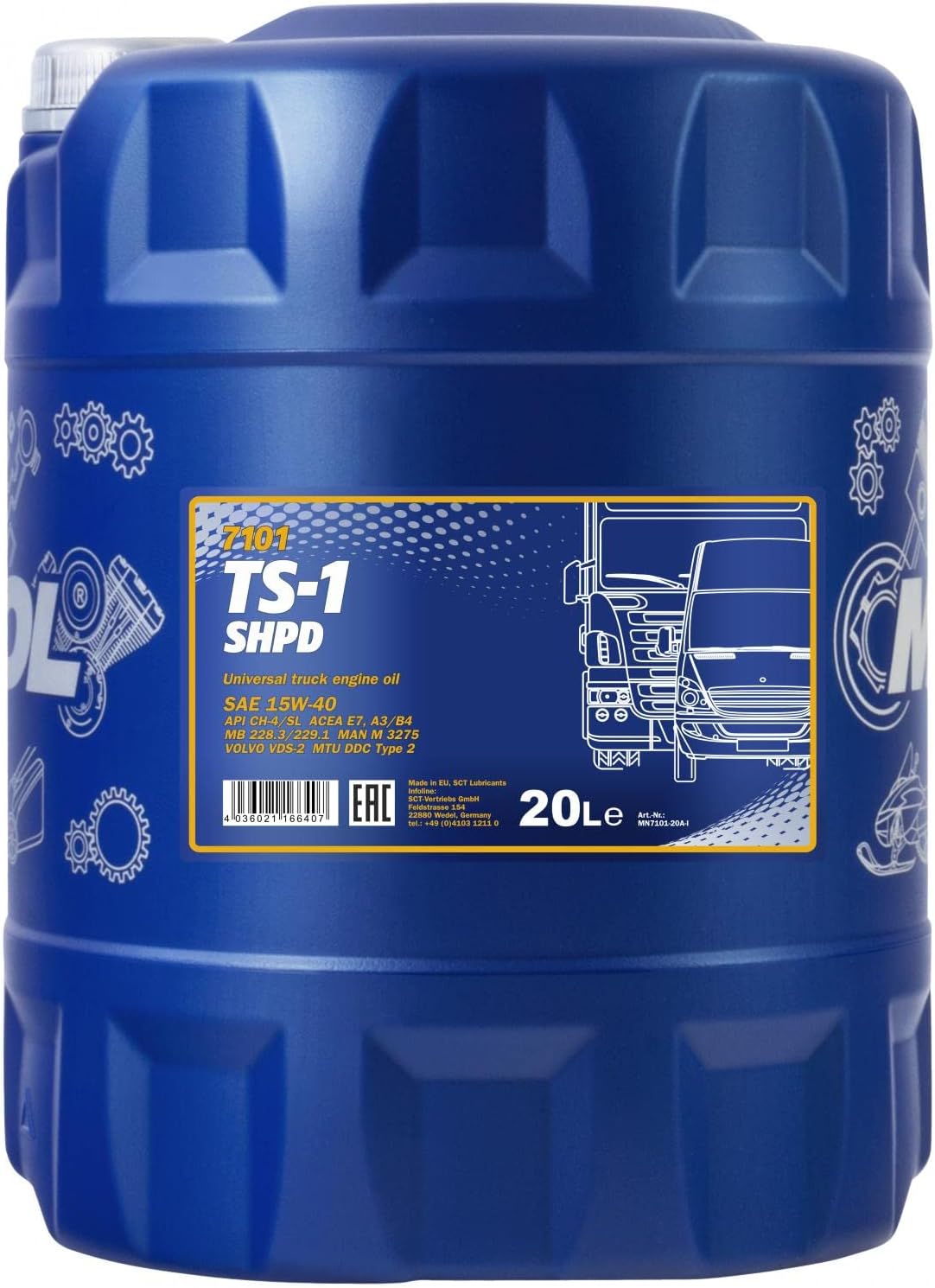 MANNOL 7101 TS-1 SHPD (20L) SAE 15W-40 API CH-4/SL ACEA E7,A3/B4 SUPER HIGH PERFORMANCE DIESEL ENGINE OIL HYDROSYNTHETIC COMPOUNDS TRUCK SPECIAL IMPORTED FROM GERMANY (1, 20L)