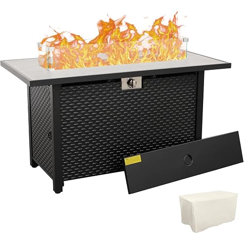 Rattaner 45 Inch Fire Table for Outside 60000 BTU Steel Gas Pit Outdoor with Woodgrain Marble Tabletop Glass Wind Guard Cover and Blue Crystal Beads