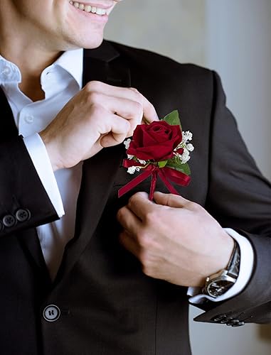 Miniatura 4 de CherishedMoments Boutonniere de rosas rojas para hombres, juego de 6, flores artificiales para novio y padrino para ceremonia de boda, aniversario,