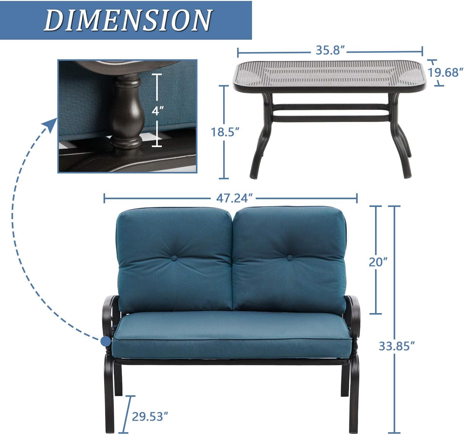 SUNCROWN 2-Piece Patio Loveseat Furniture Set Outdoor Steel Frame Bench with Thick Cushions and Coffee Table - Peacock Blue