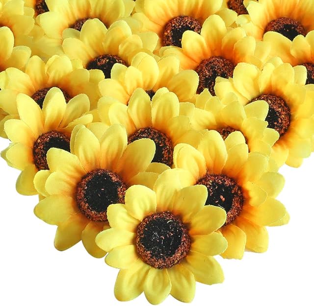 HUASIN 50pcs Sunflower Heads Artificial Silk Sunflower Heads Fake Sunflower Heads Faux Plastic Sun Flower Gerbera Daisy Flowers Heads Yellow for Craft DIY Home Party Wedding Wreath Garden Cake Decor