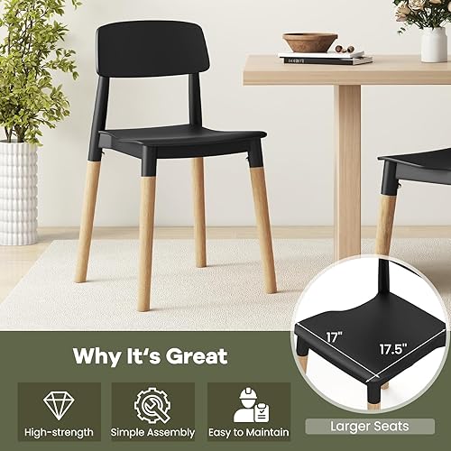 Miniatura 4 de NAFORT Juego de 4 sillas de comedor, modernas sillas de cocina negras con patas de madera maciza, respaldo ergonómico, asiento moldeado más ancho,