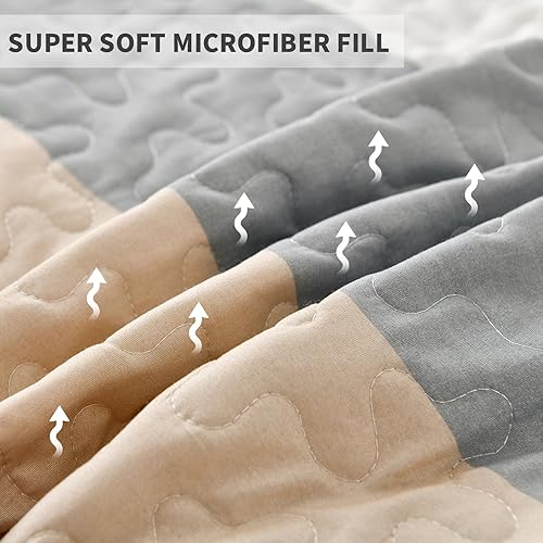 Miniatura 5 de Dinjoy Juego de edredón bohemio tamaño King, colcha de rayas color caqui, juego de ropa de cama ligera de 3 piezas, funda de cama reversible de