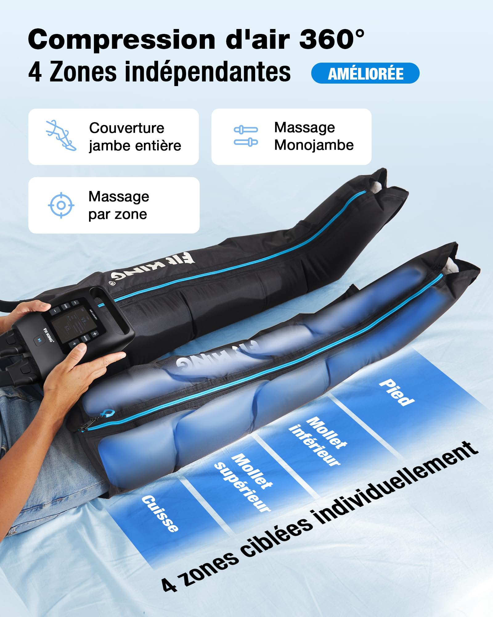 FIT KING Pressothérapie Jambes avec Contrôle 4 Zones, Rechargeable, Bottes de Compression d’Air pour la Récupération et la Relaxation Musculaire Profonde, Portable sans Fil, 12 Intensités, 3 Modes (M)