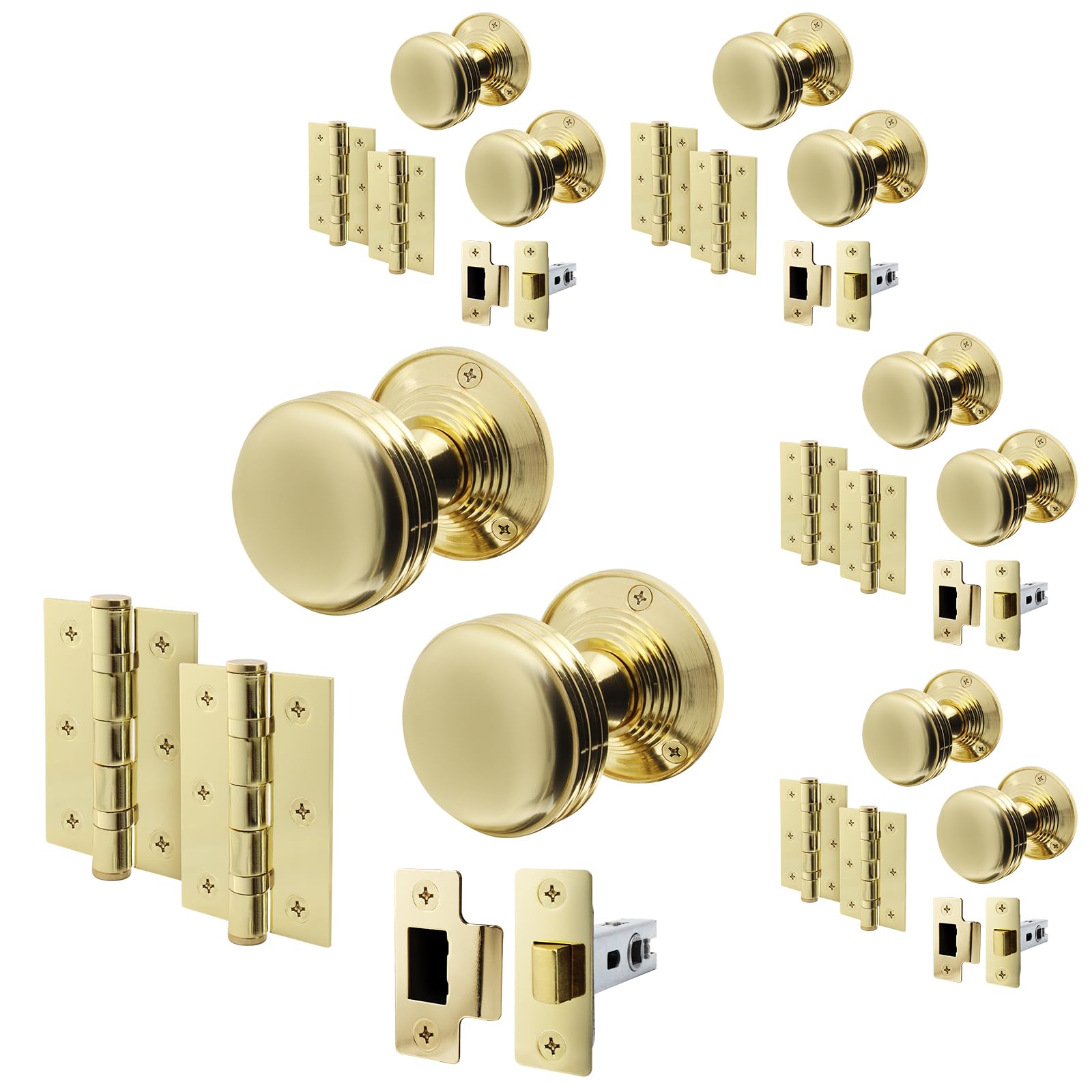 EAI Polished Brass Door Knobs with Latch 76mm and Hinges, 4 Pack - Lined