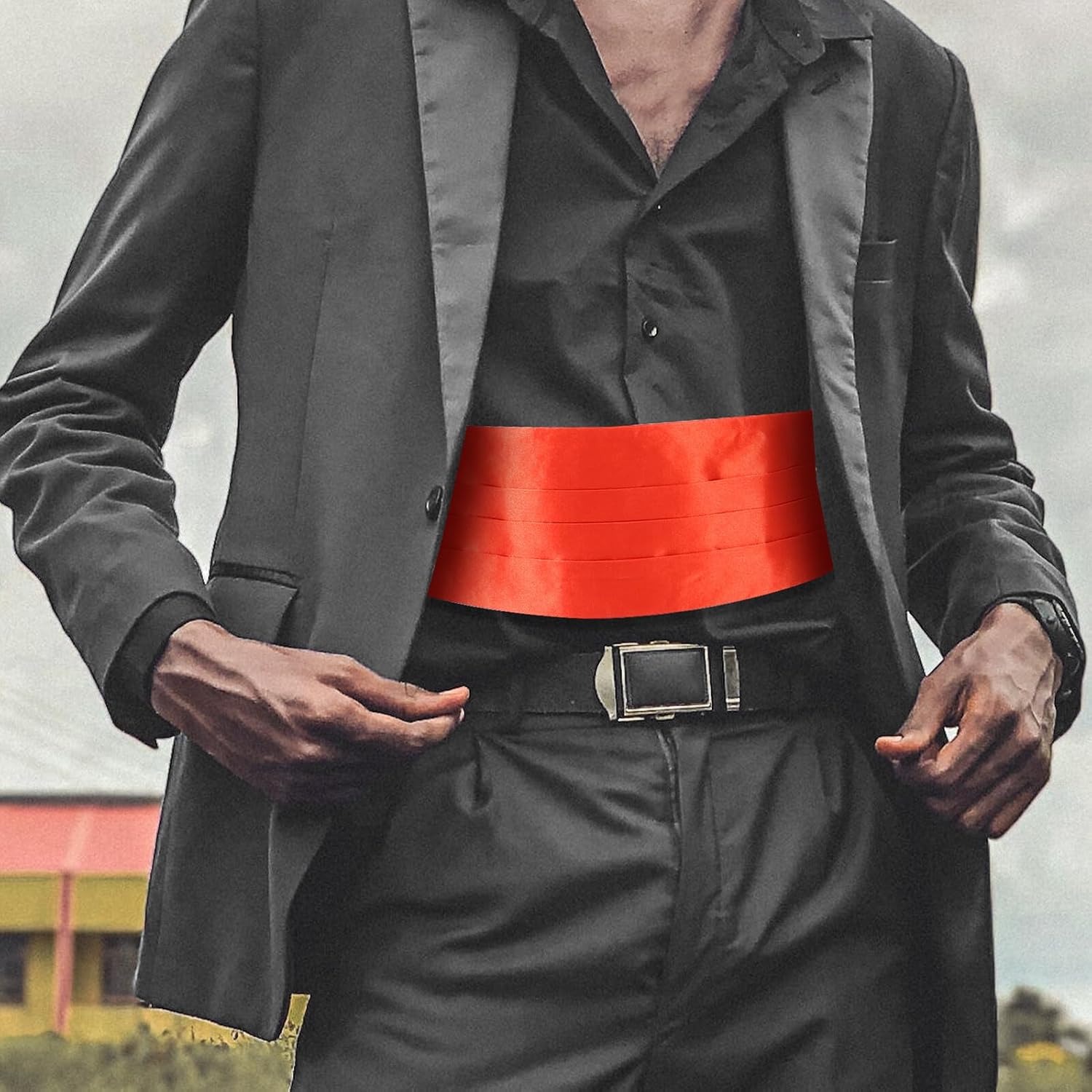 3pcs Men S Satin Bow Tie Cummerbund Handkerchief Red Formal Tuxedo Accessories Silver Clip for Wedding Party