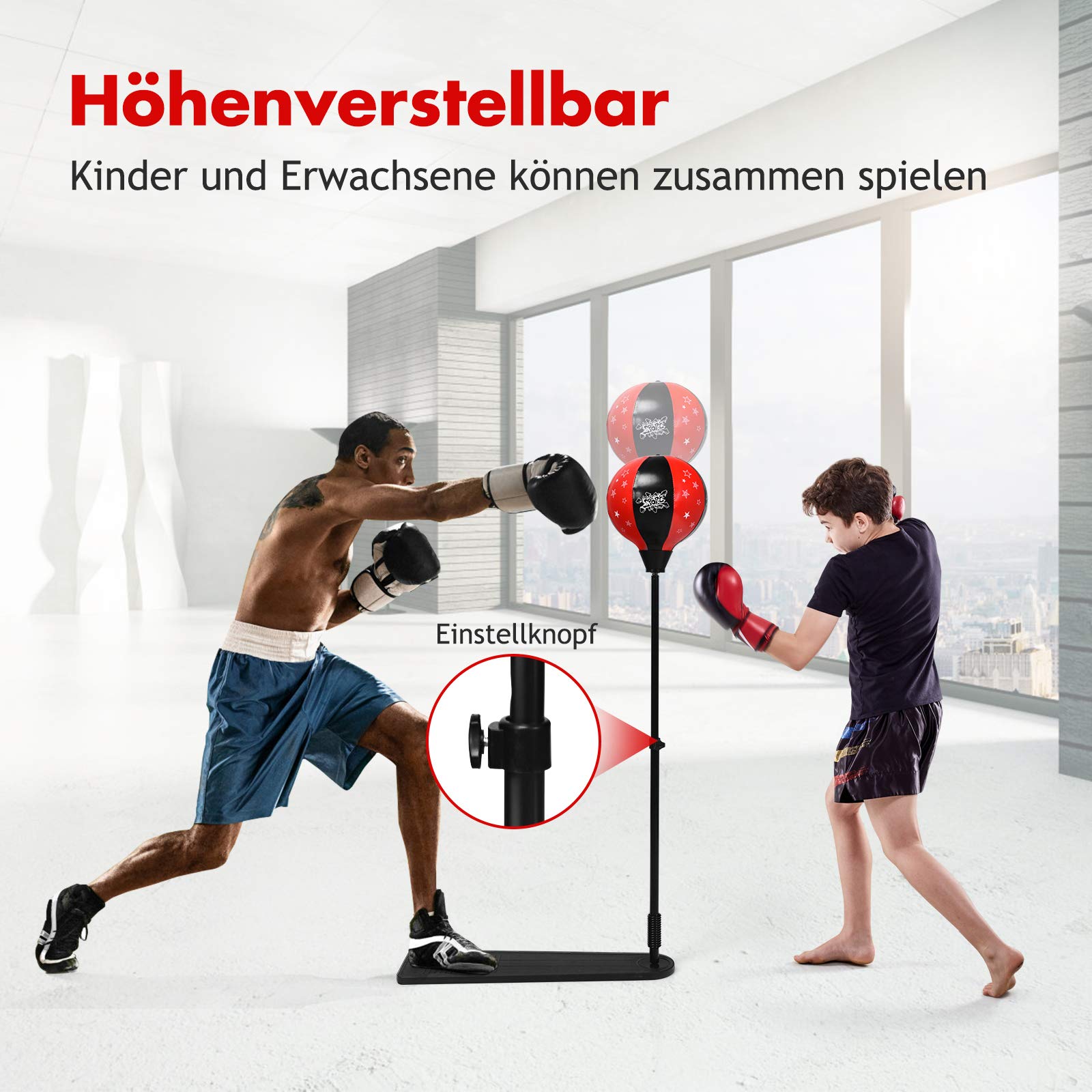 RELAX4LIFE Juego de Boxeo de Tierra con Guantes de Boxeo, Saco de Boxeo para niños de más de 8 años, Base Robusta y Altura Ajustable, con Bomba Manual, 66 x 24 x 85-130 cm, Negro y Rojo
