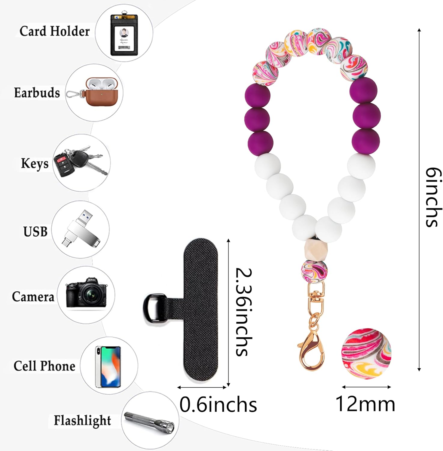 Silicone Beaded Phone Wrist Strap,Phone Bracelet Strap with Tether Tab,Elastic Hands-Free Wristlet Strap (Plum) - Image 4