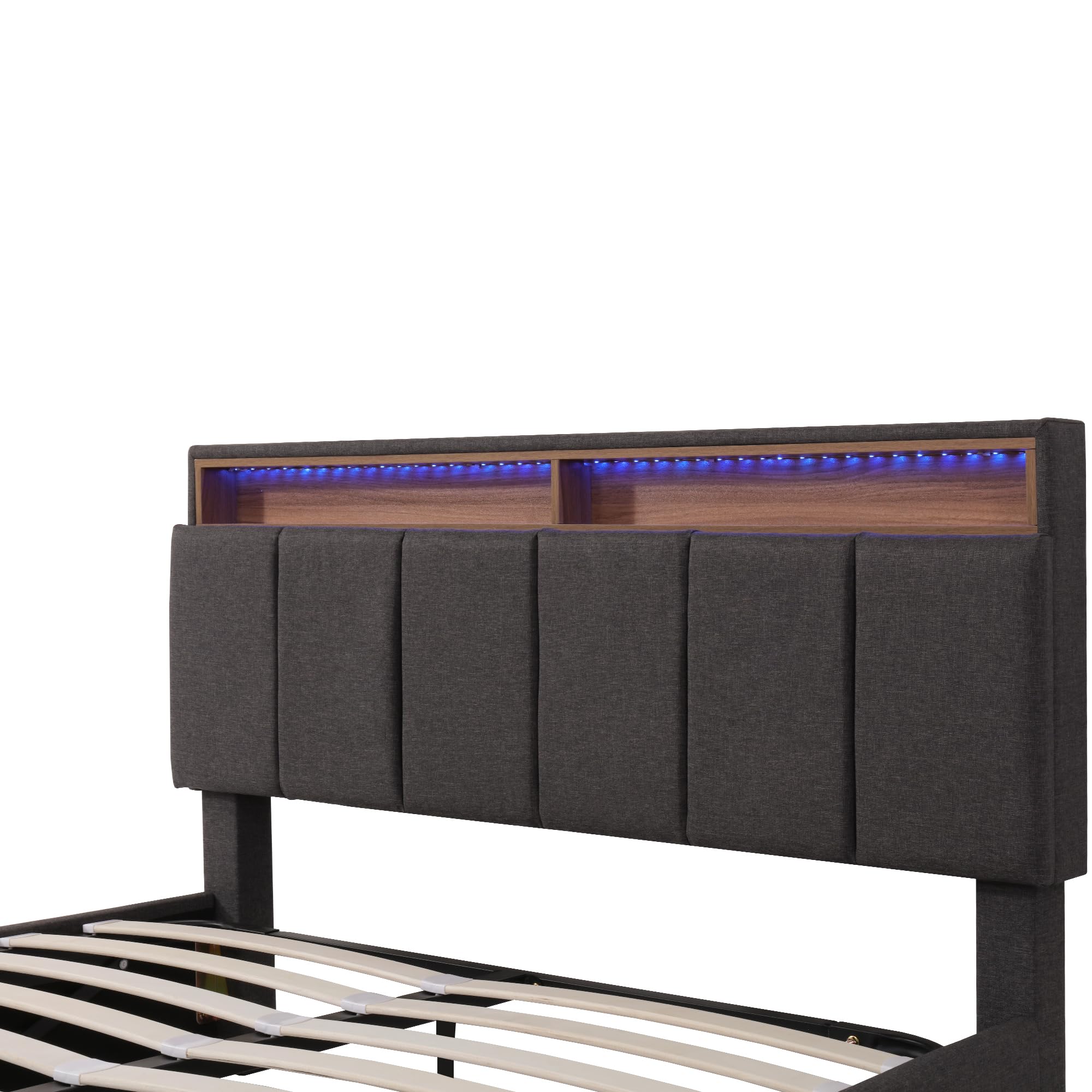 Cama Tapizada de 140x190 cm con LED y 2 Cajones, Estructura de Cama Doble con Soporte de Láminas y Almacenamiento Hidráulica, Cabecero con Almacenaje, Lino, Gris, Sin Colchon