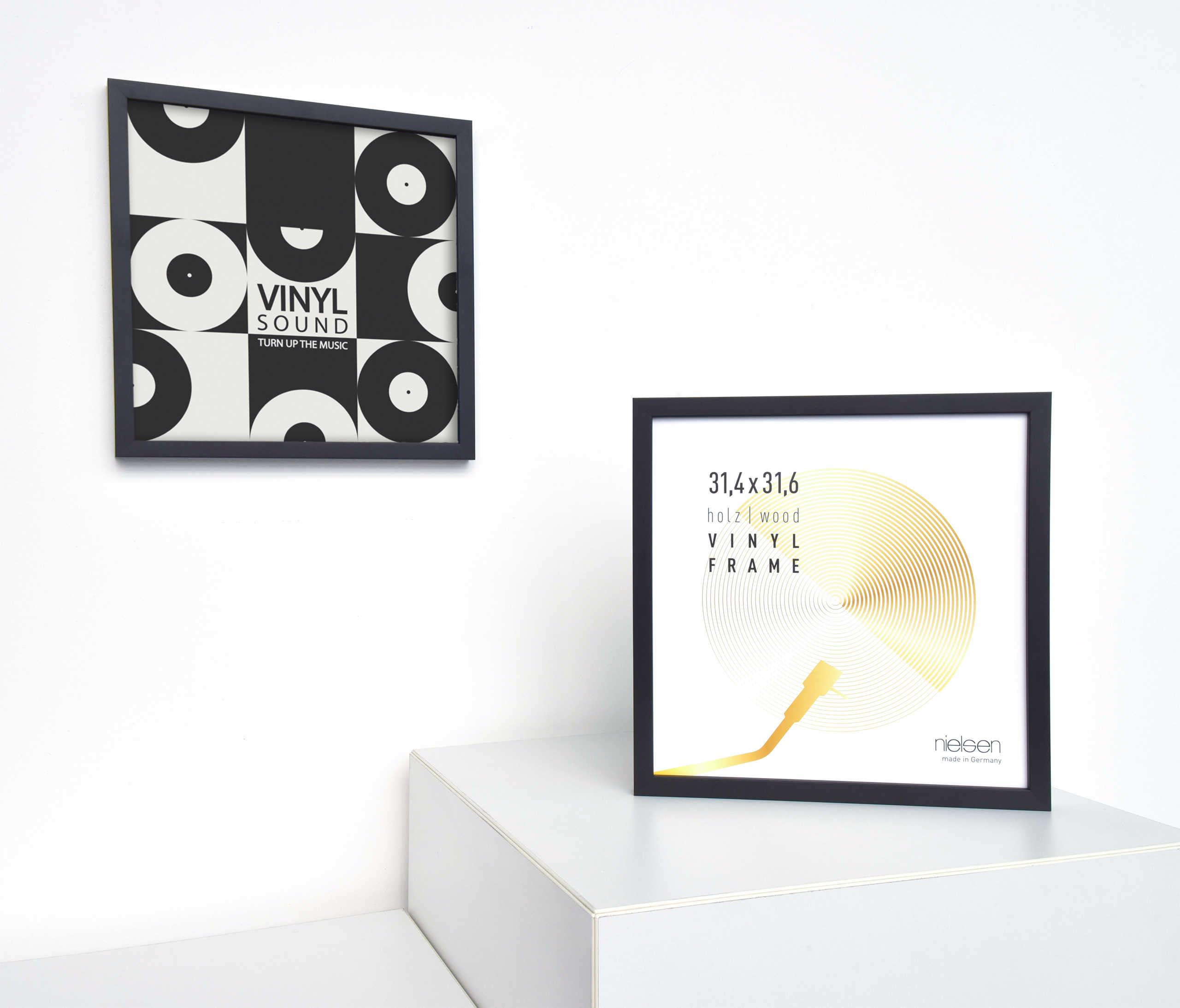 nielsen Schallplatten Rahmen, 31,4 x 31,6 cm (3er Set), Holz, Schwarz, Vinyl Rahmen zum Aufhängen im Hoch- & Querformat, bruchsicheres Kunstglas, Vinyl Holz
