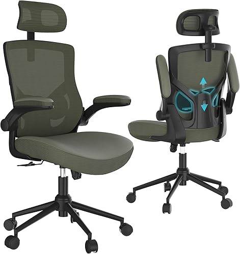 Miniatura 2 de Silla de oficina ergonómica con reposacabezas ajustable y soporte lumbar, silla de escritorio con respaldo alto con brazos abatibles, silla