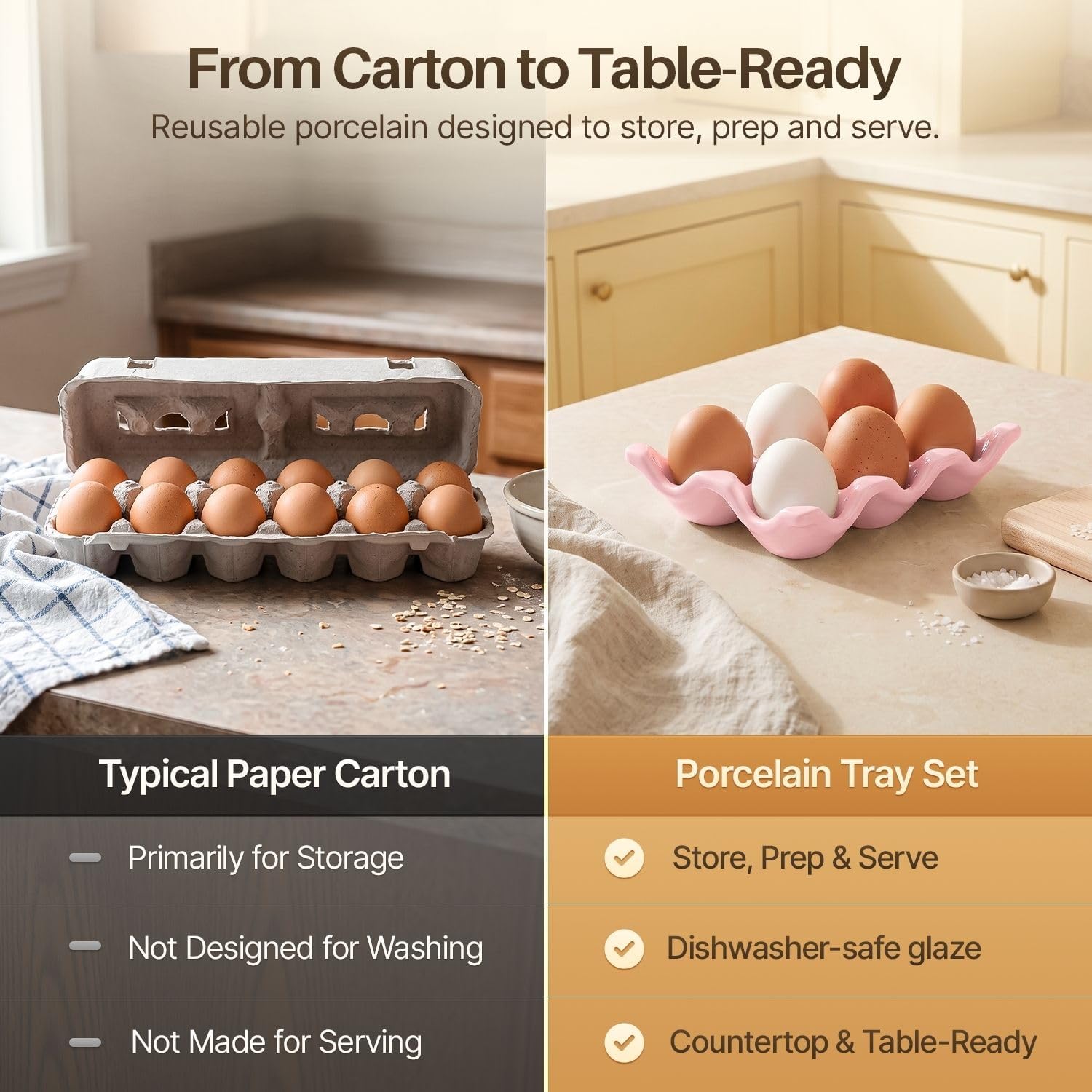 Flexzion Ceramic Egg Holder for Fridge, 6-Cup Porcelain Egg Tray, Gray