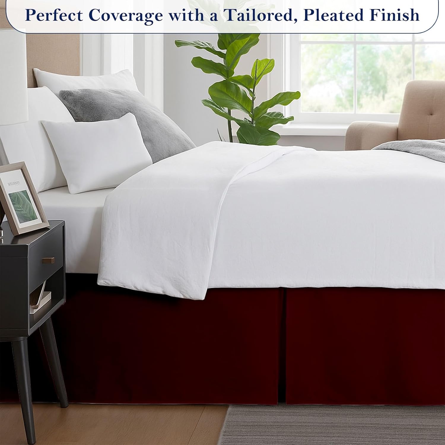 King Bed Skirt, Luxury 12 Inch Drop Burgundy Pleated Bed Skirt, Double Brushed Microfiber, Box Pleat Design, Wrinkle & Fade Resistant, Easy Fit Tailored Bedskirt for King Size Beds