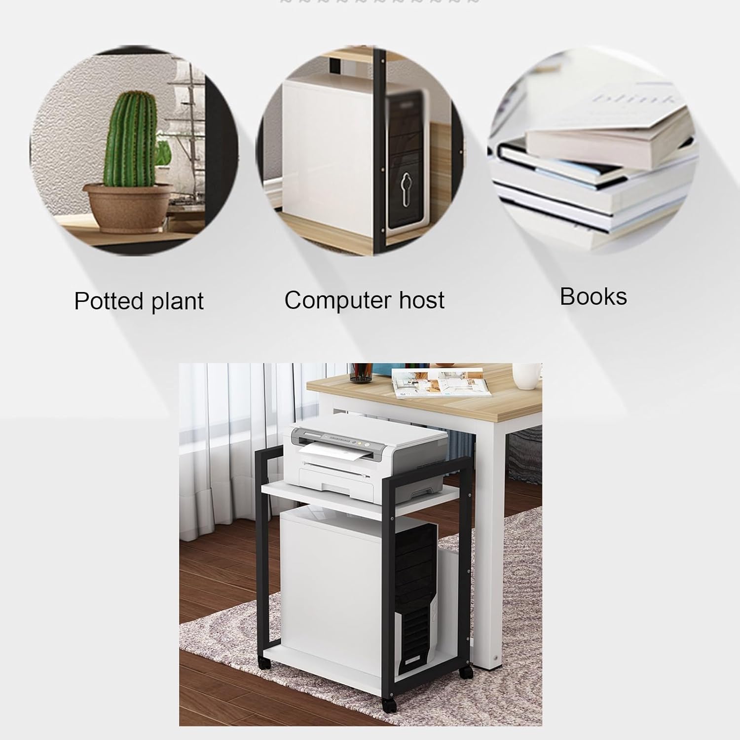 XPLKQXE Computer Tower Stand, 2-Tier Mobile Computer Host Rack, CPU Holder Cart with Rolling Caster Wheels, Printer Storage Trolly Shelf for Home Office (Color : Black+Black, Size : 50x30x65cm)