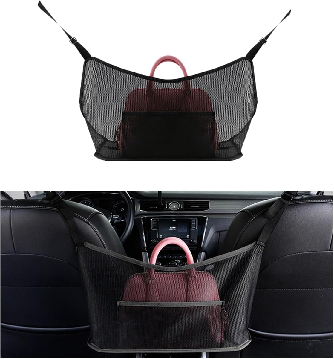 Ziciner Car Net Pocket Handbag Holder, Organizer Mesh Bag Between Two Seat, Driver Storage Netting Pouch for Handbag Purse, Barrier of Backseat Pet Kids, Car Accessories for Women Men (Black)