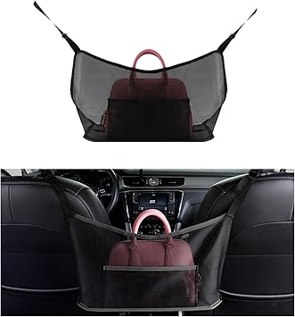 Ziciner Car Net Pocket Handbag Holder, Organizer Mesh Bag Between Two Seat, Driver Storage Netting Pouch for Handbag Purse, Barrier of Backseat Pet Kids, Car Accessories for Women Men Black