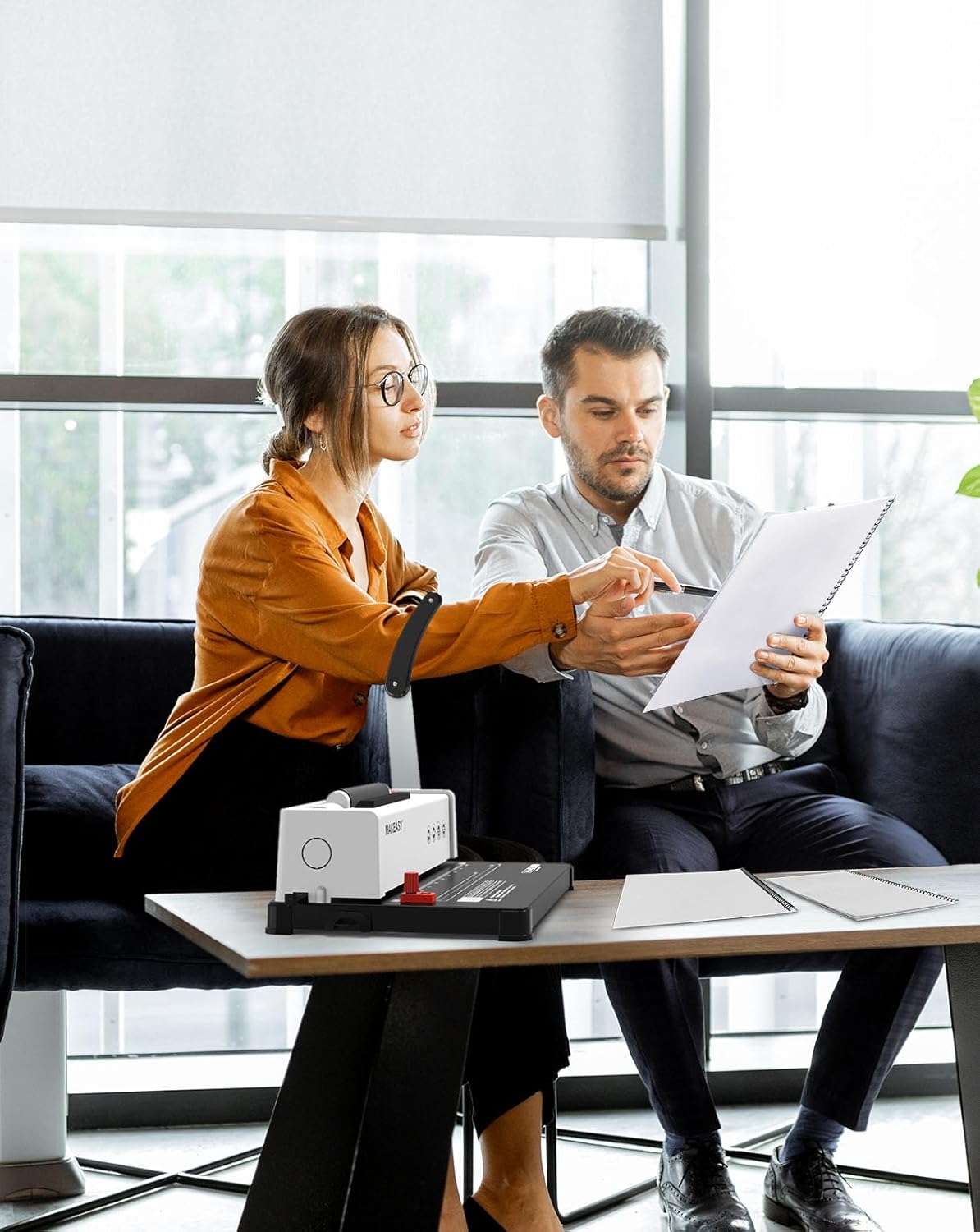 MAKEASY Spiral Binding Machine, 4:1 Pitch, 12 Sheets Punch Capacity, Electric Coil Insert, Book Binder Machine for A4/A5/Letter Size Paper, Come with 1 Box pcs 5/16'' Coils & Pliers