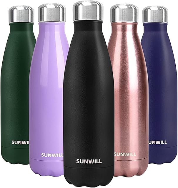 SUNWILL Water Bottle, Insulated Stainless Steel Sports Bottle 500ml, Reusable Vacuum Thermal Water Flask, Double Wall, For Hot and Cold Drinks