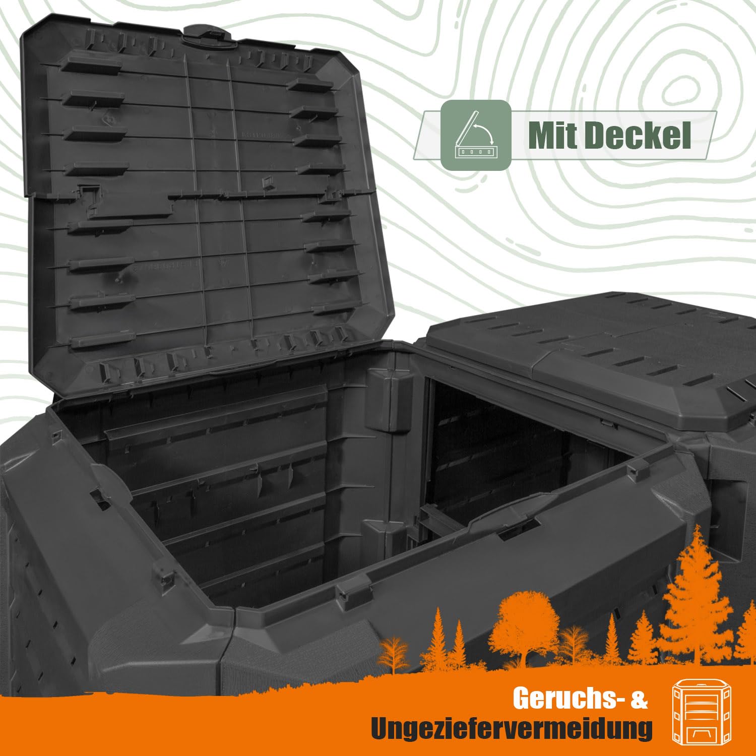 4 Kammer Komposter Garten Schnellkomposter Groß 1600L Schwarzer Kompostbeschleuniger mit Deckel & Klappe Bio Kompost aus Kunststoff zum Kompostieren