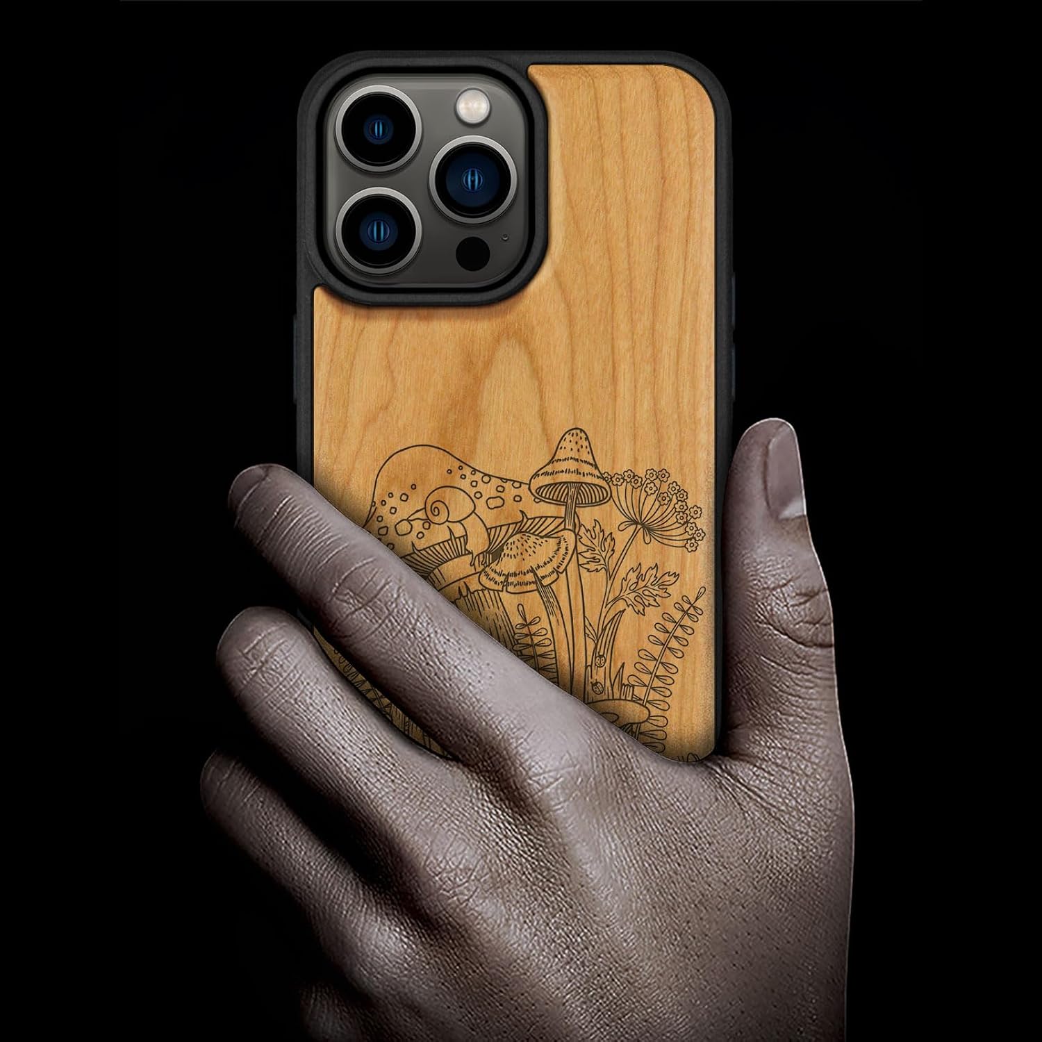Carveit Magnetic Wooden Case for iPhone 15 Pro Max Case, Compatible with MagSafe Wireless Chargers, Black Soft TPU Shockproof Cover & Wood Artisan Engraved (Vintage Mushrooms) - Cherry