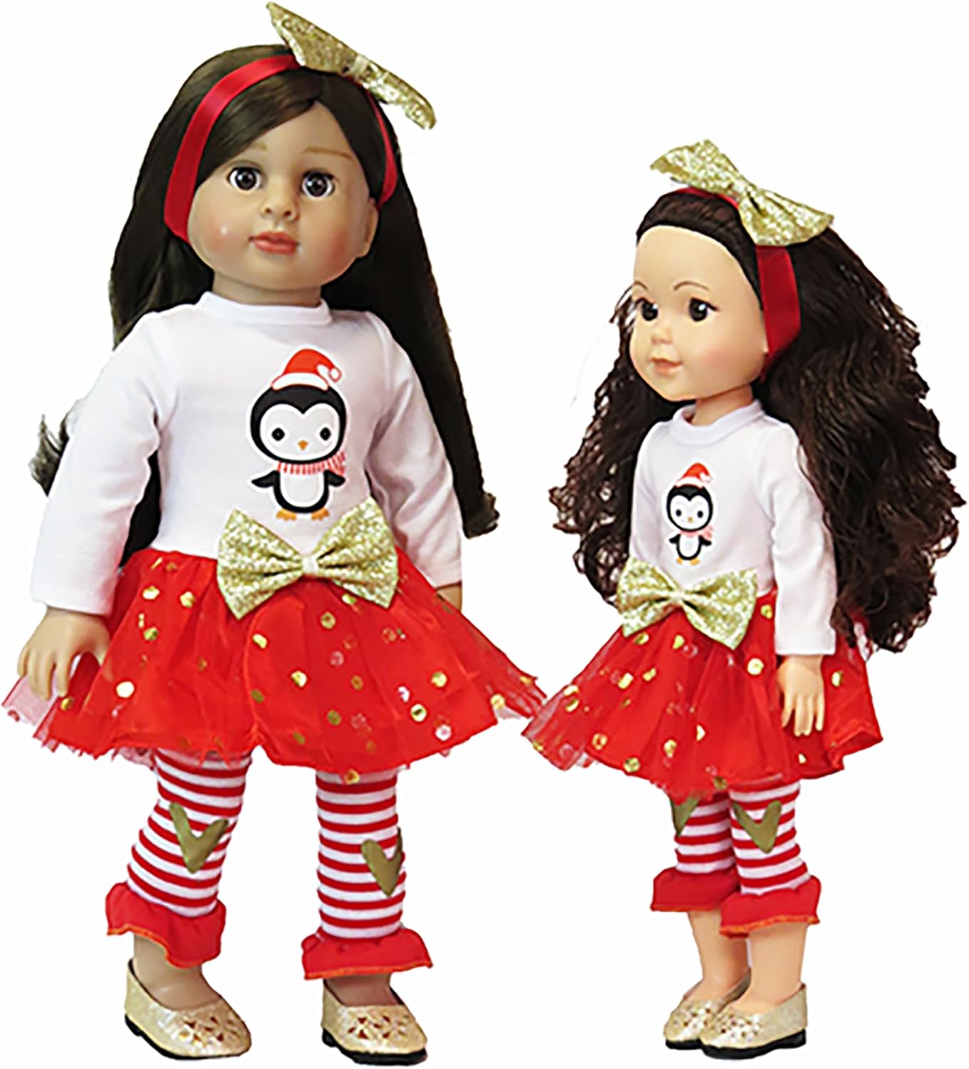 Red & Gold Penguin Long Sleeved Dress Outfit with Bow Headband for 18-Inch Dolls | Premium Quality & Trendy Design | Dolls Clothes