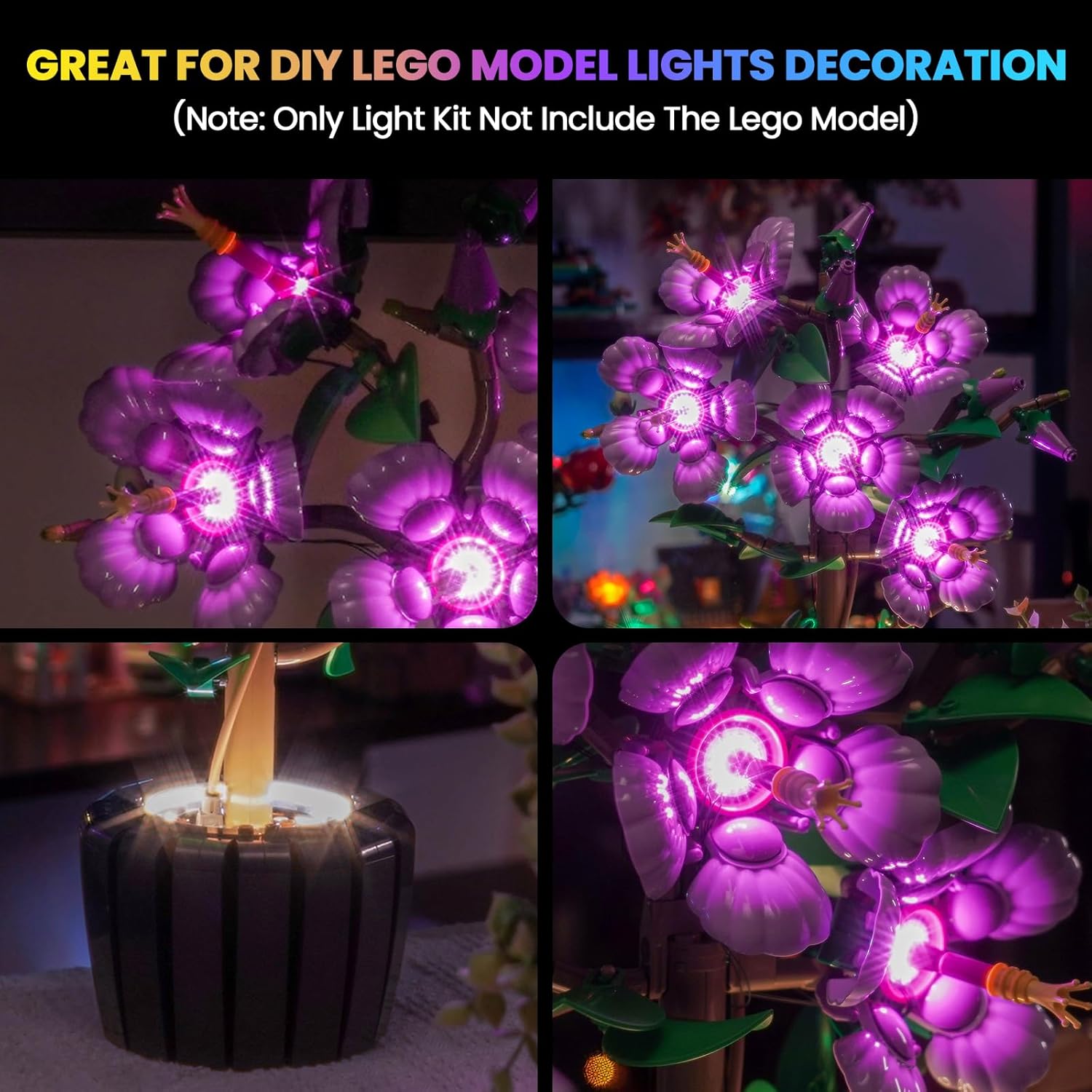 Close-up images of the Hilighting LED lights integrated into the Lego Hibiscus flowers and base.