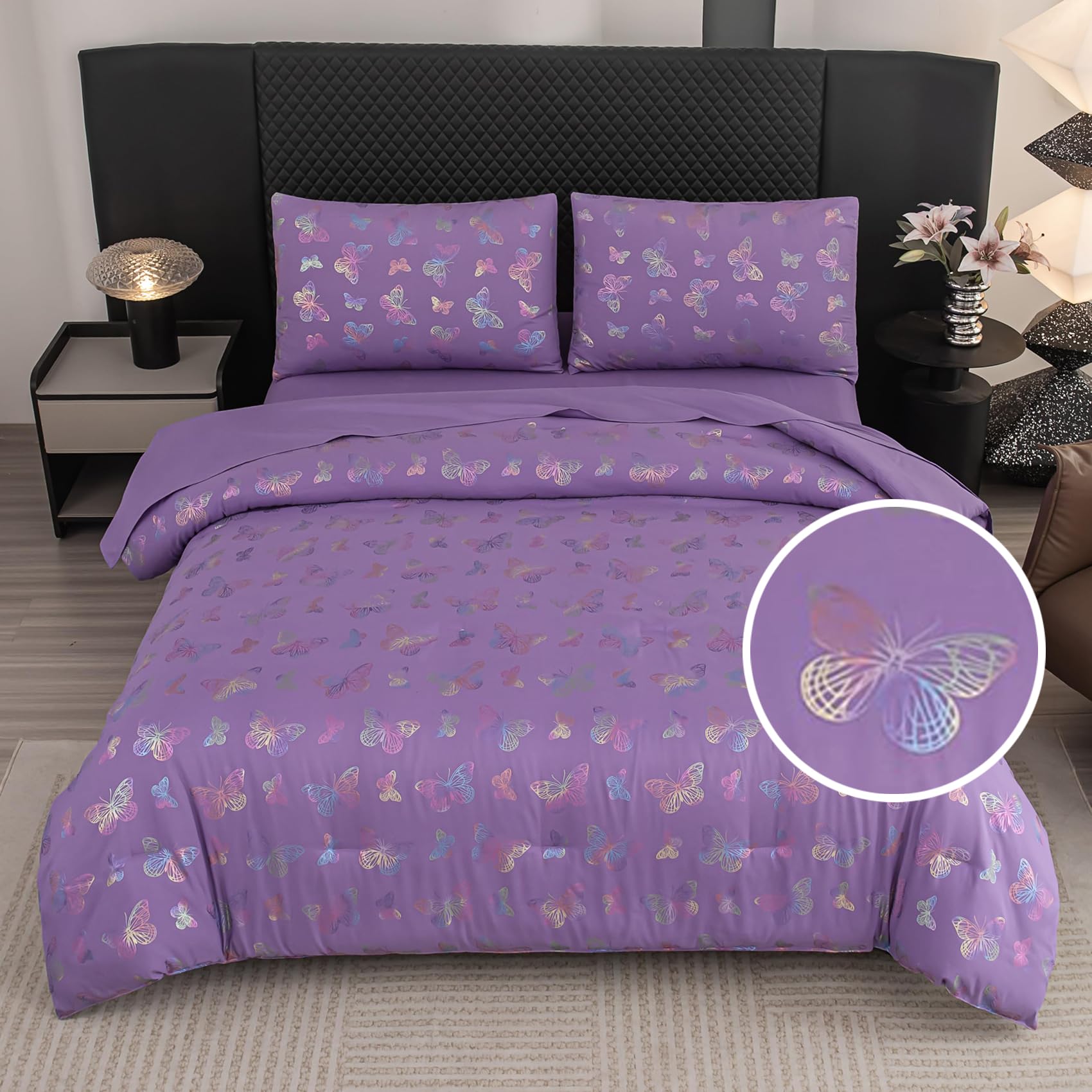 Yadangxiawa 5 Pieces Butterfly Comforter Set Queen,Purple Bedding Queen,Purple Comforter Set Queen,Girls Queen Bedroom Comforter Sets(Butterfly,5PCS)
